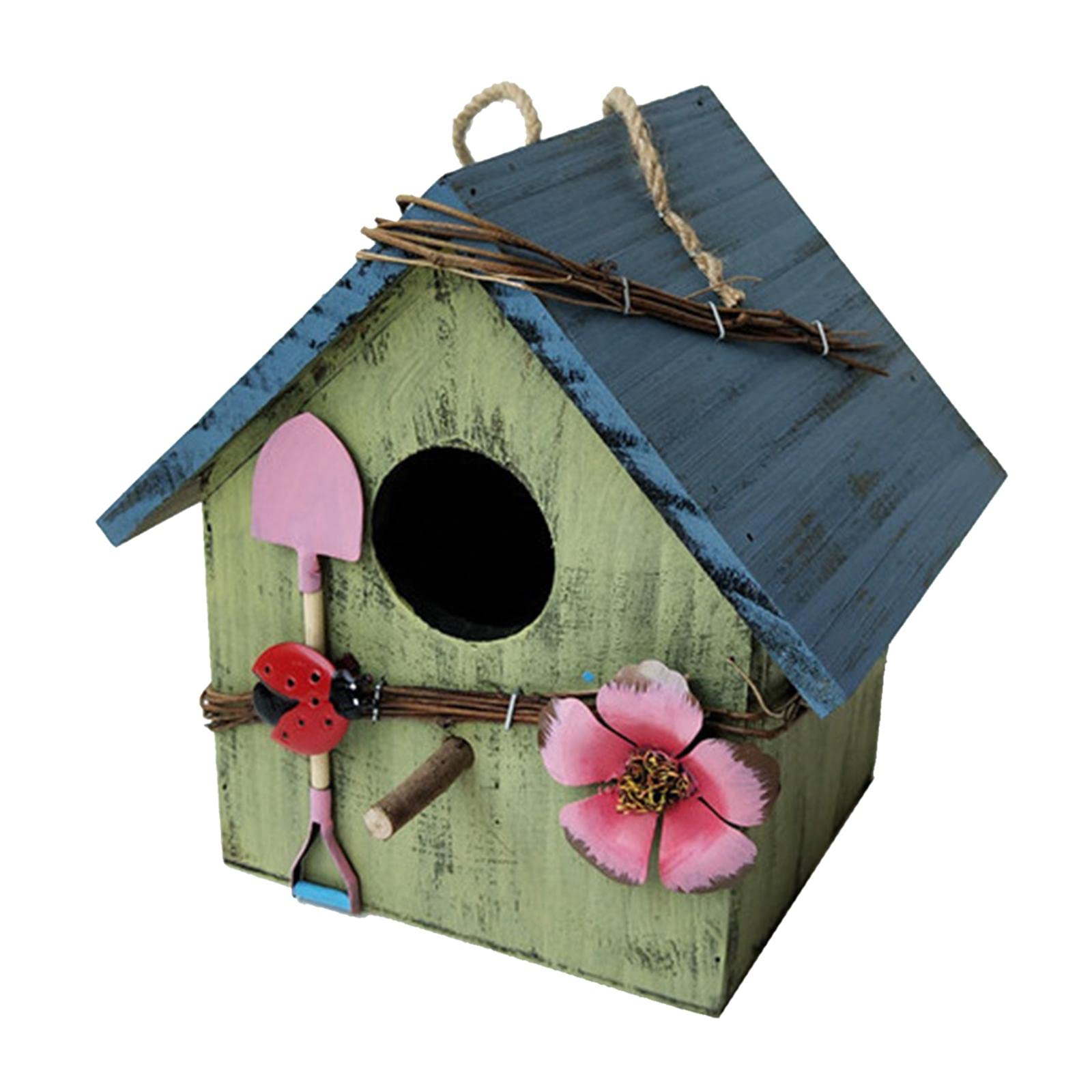 Wooden Hanging Bird House Nest Pastoral Courtyard Garden Decor Green-image-8