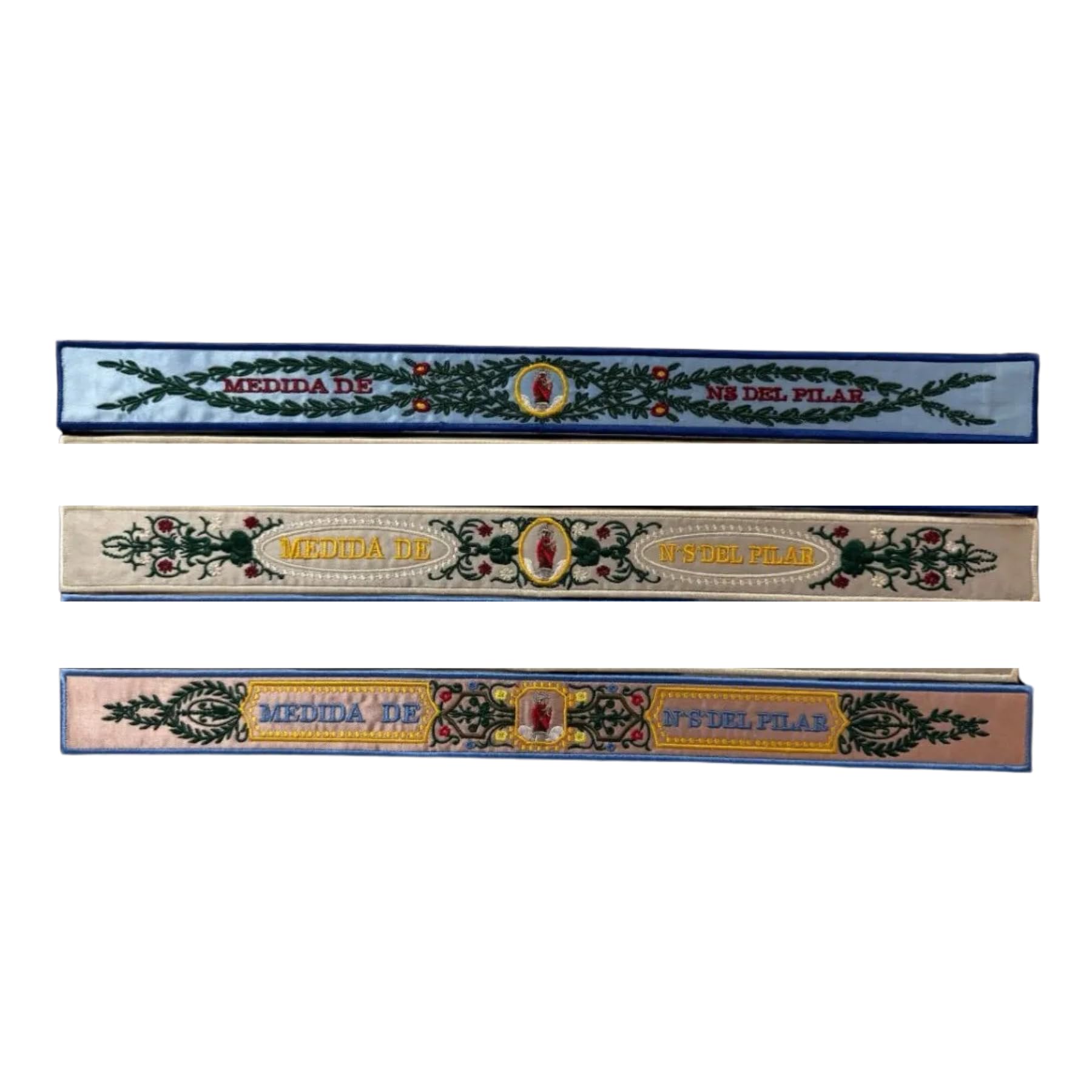Ancestrad Set 3 misure ricamate della Madonna del Pilar | Nastro di raso blu, acqua marina e beige | Usalo come nastro, braccialetto, decorazione | Design S.XVIII, Talla única, Nastro in raso
