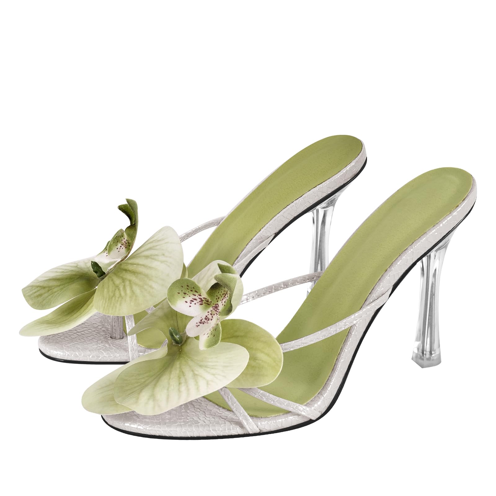 Amazon.com | sexytag Clear Kitten Heels Floral Print Thong Sandals Slip On  Flower Stiletto Heels Open Toe Heeled Mules Summer Wedding Dress Party Prom  Heels Green Size 5 | Slides
