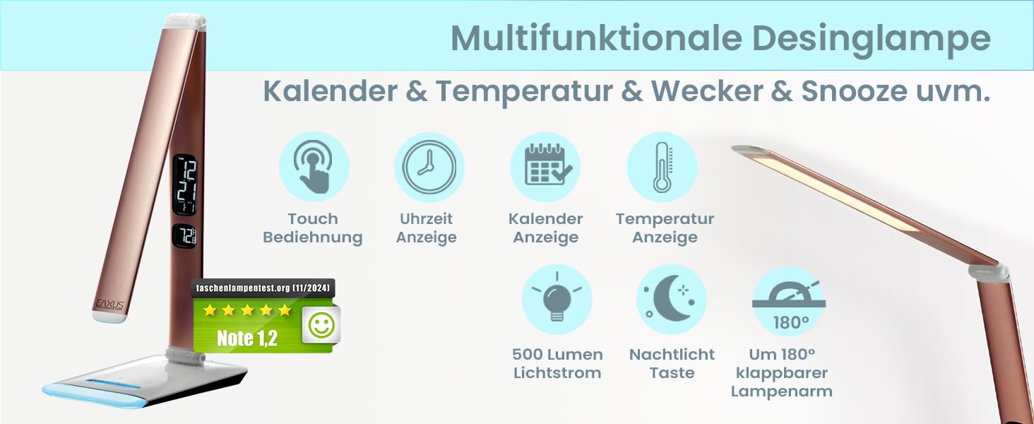 Eaxus LED Schreibtischlampe 12 Watt mit RGB-Farbwechsel, Tischlampe dimmbar 500 lm, Lampe mit Touch-Funktion, Uhr, Kalender & Temperaturanzeige, Büro Tischleuchte, Schreibtisch Zubehör, Kupferfarben