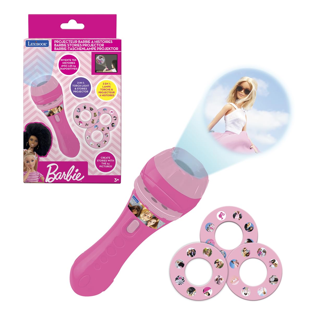 LEXIBOOK - Barbie - Stories projector, torch light and projector with 3 discs, 24 images, create your own stories, LTC050BBLXB