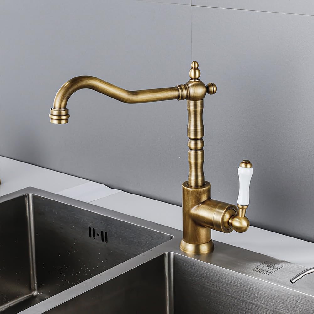 Wasserhahn Küche - Küchenarmatur Retro Antik Stil Messing Einhebel 360° Schwenkbar Spültischarmatur Mischbatterie, Hoher Auslauf Armatur Küche, Bronze