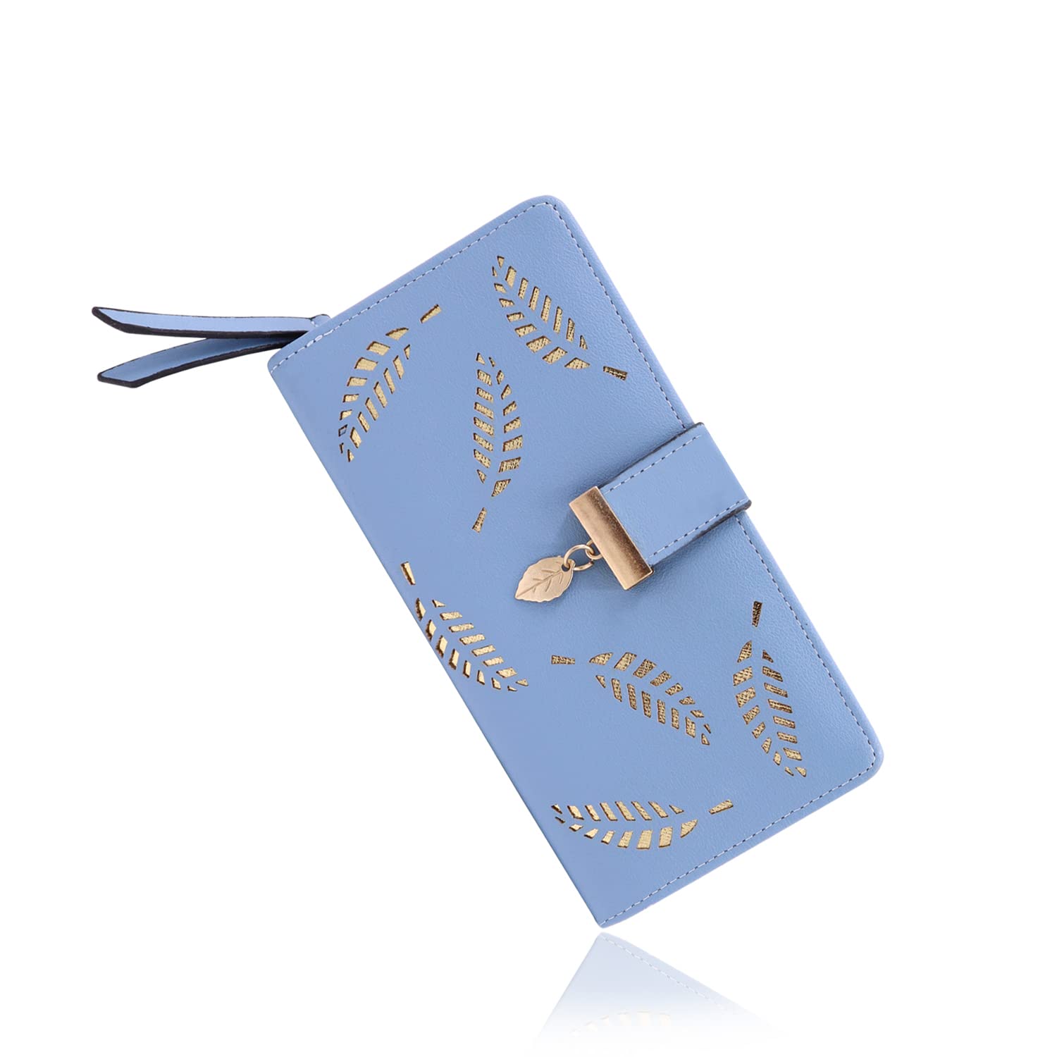 Women's Long Clutch Wallet Girls Leaf Bi-fold Multi Card Holder Leaf Design Womens Purse (Blue)-image-6