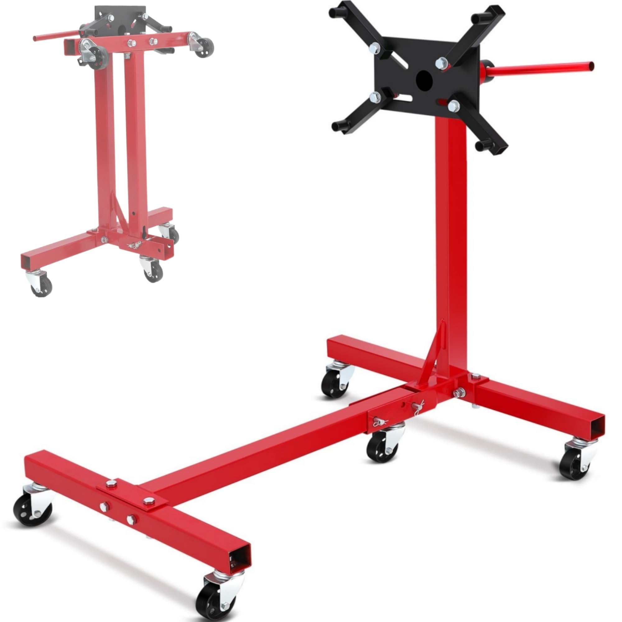 Crevyteg Red Engine Stand, 1500 Lbs (3/4 T) Rotating Motor Stand With 360° Adjustable Head & 5 Casters, Folding Motor Hoist Dolly For Auto Repair, Vehicle Maintenance, Diy Projects,
