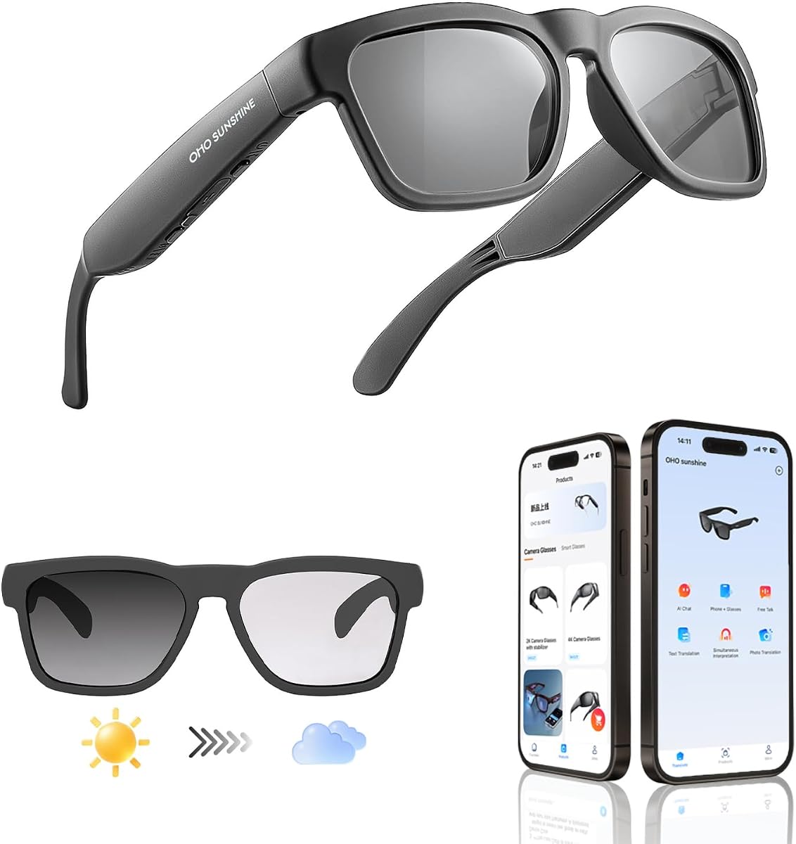 OHO AI Smart Glasses, Photochromic Z87.1 Open‑Ear Bluetooth Sunglasses