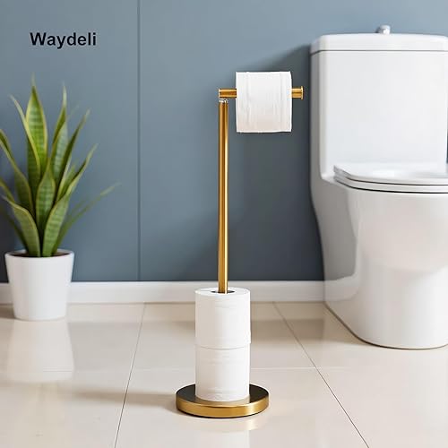 Miniatura 8 de Soporte de papel higiénico, soporte de papel higiénico de pie con reserva para 4 rollos de repuesto, base resistente, estante de almacenamiento de