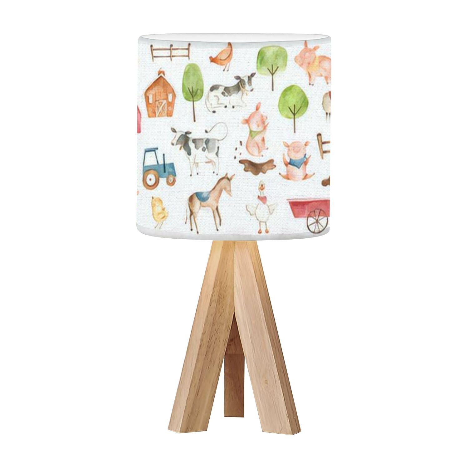 OEPWQIWEPZ Tripod Bedside Desk Table Lamp Watercolor Farm Animals Hen Cow Horse Chicken red Green Blue for Baby Wood Nightstand Lamp with Linen Fabric Shade for Nursery Bedroom Living Room Kids Room