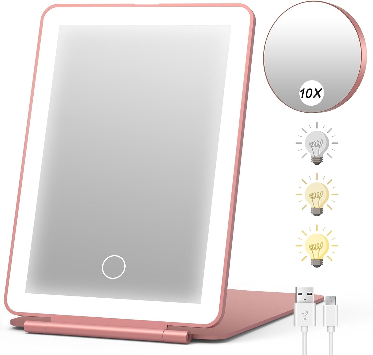 KOWVOWZ Rechargeable Travel Makeup Vanity Mirror with LED Lights, Portable Foldable Makeup Beauty, 3 Color Lighting Mirror, Dimmable Touch Screen for Dorm Room Essentials