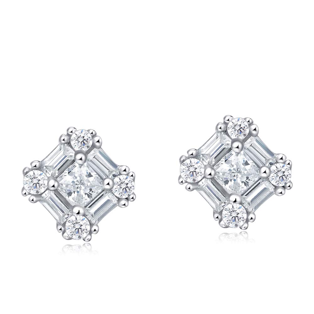 Molah925 Silver Rhodium Plated Simulated Diamond CZ Baguette Princess Cut Stud Earrings