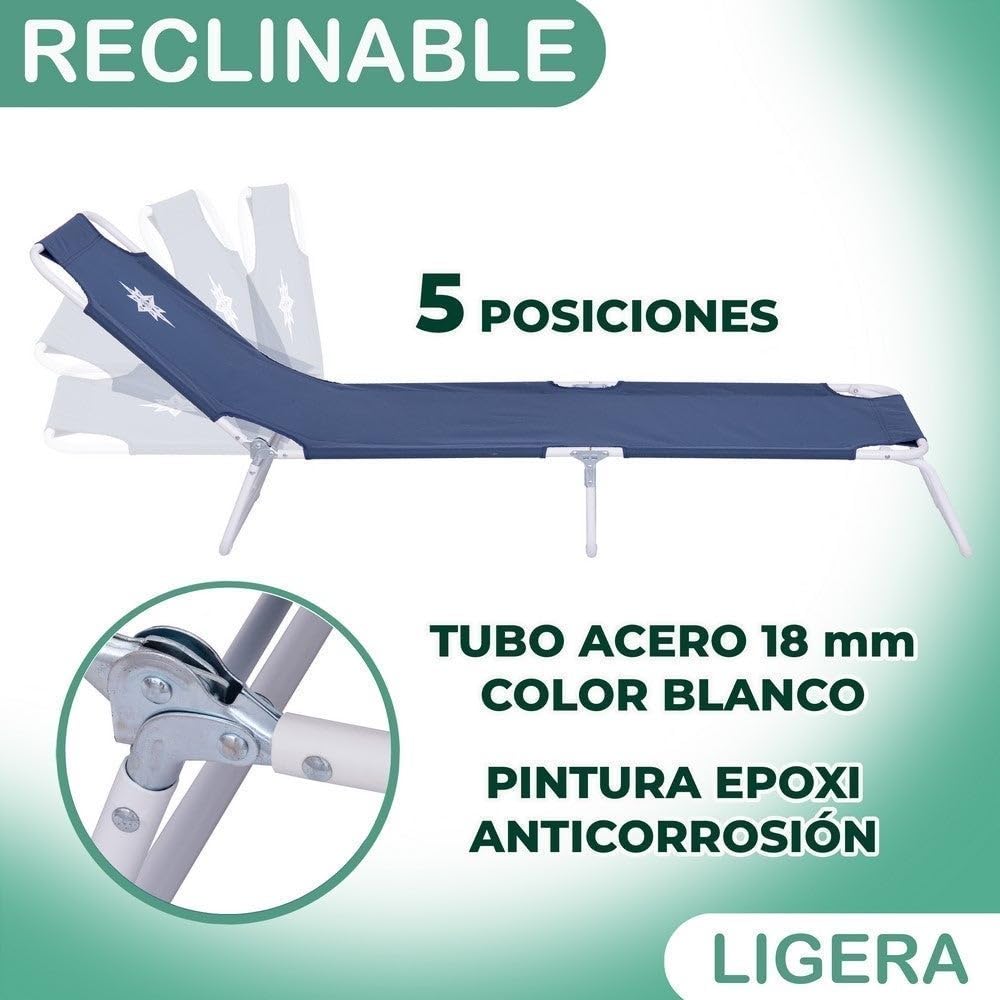 LOLAhome Tumbona Playa y jardín reclinable 5 Posiciones Convertible en Cama, Plegable, Estructura Acero Pintura Epoxi anticorrosión, Tejido loneta Oxford 600 D poliéster Azul Marino de 186 cm