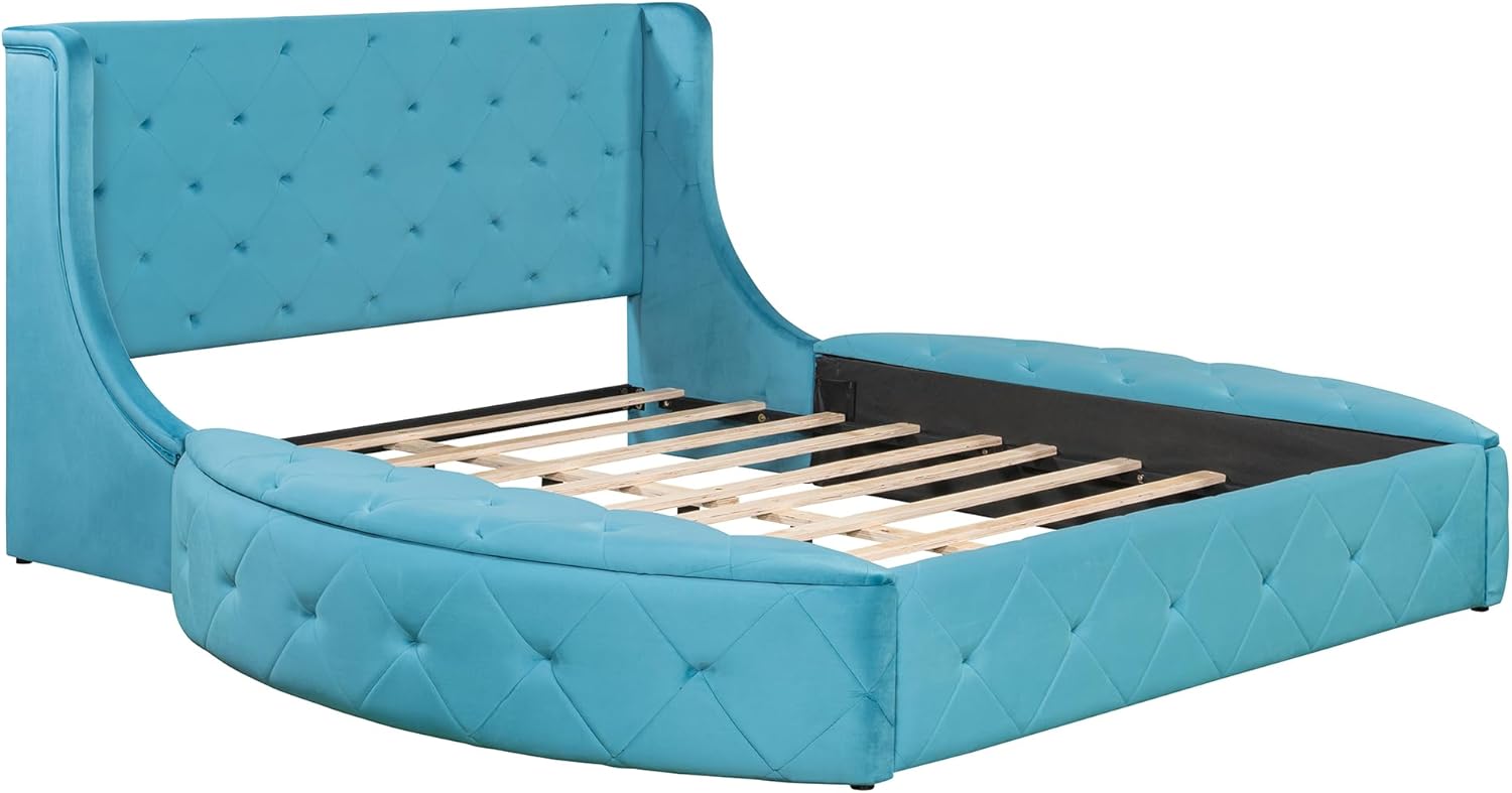 Bellemave Velvet Upholstered Queen Platform Bed with Storage, Queen Size Bed Frame with Headboard, 1 Big Drawer and 2 Side Storage Stool, Strong Wooden Slats/Easy Assembly (Blue)