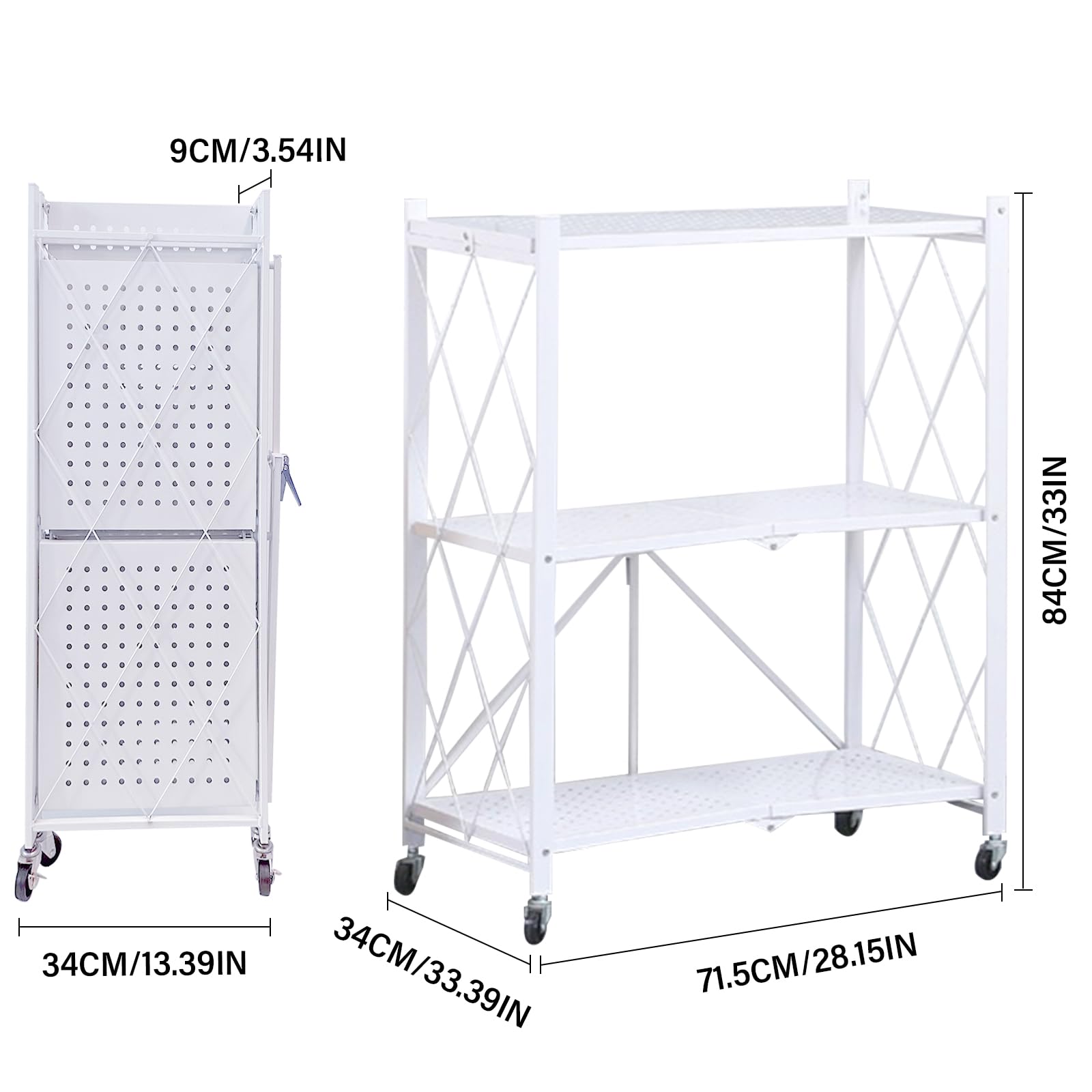 Scaffalatura in metallo a 3 livelli, per carichi pesanti, colore nero, 72 x 34 x 87 cm, pieghevole, scaffale da cucina, non è richiesto, robusto scaffale in metallo con ruote, colore