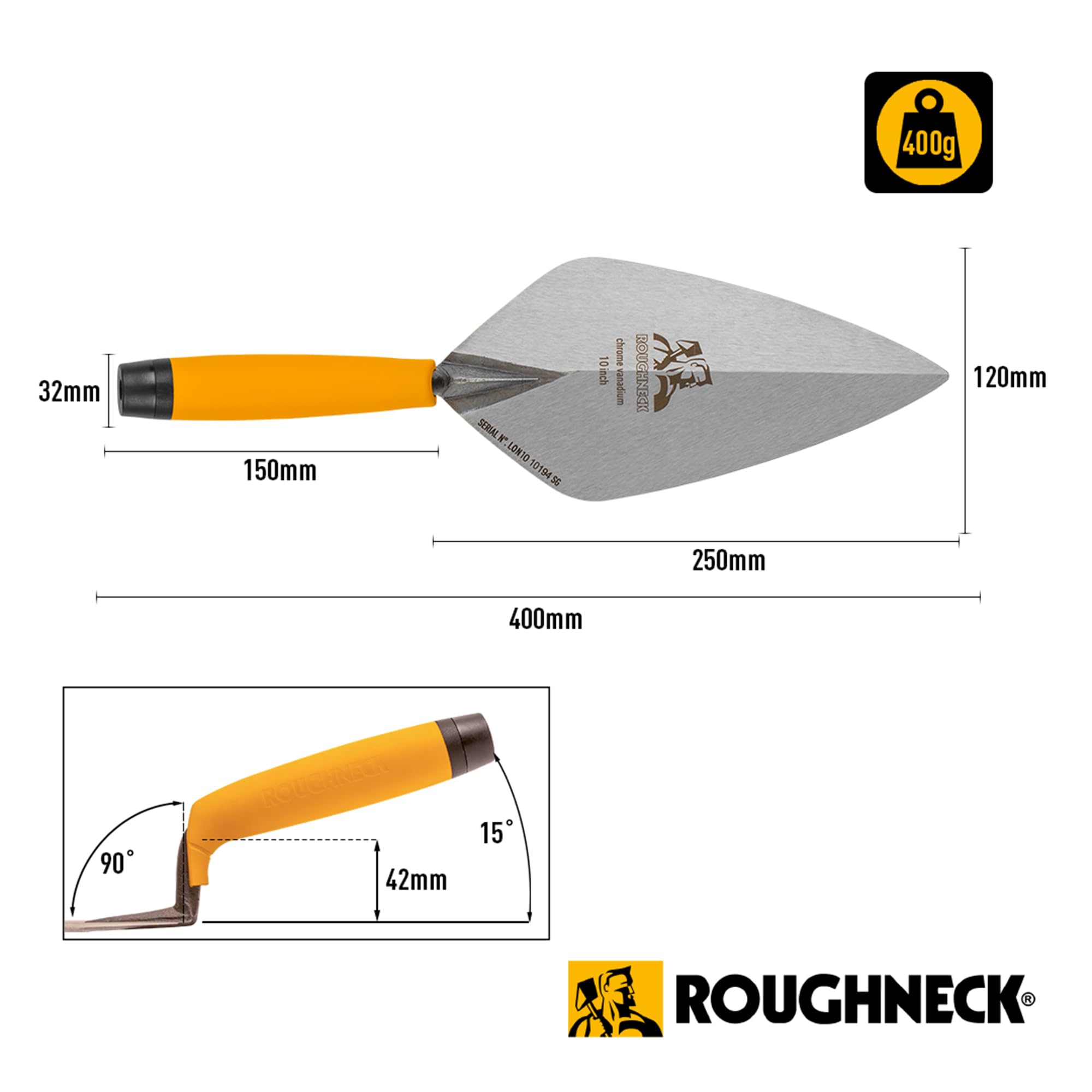 Roughneck Paleta de ladrillo, patrón de Londres, 250 mm, hoja de acero al cromo vanadio forjado de una sola pieza, geometría equilibrada, endurecida y templada, mango de agarre suave y tapa de extremo
