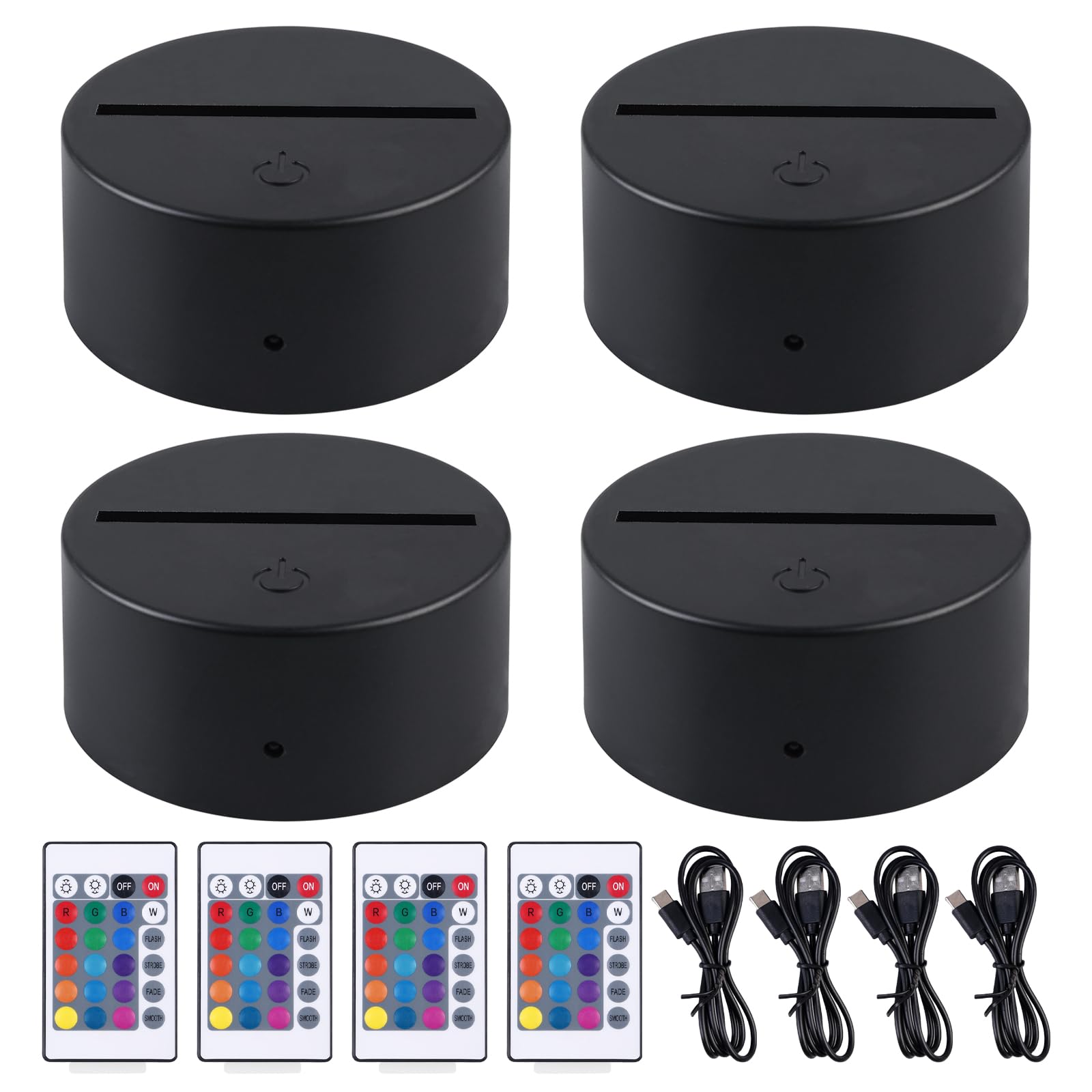 Lot de 4 veilleuses LED 3D avec socle lumineux : socle LED avec télécommande et câble USB, lampe illusion 3D, 7 couleurs, intensité variable, lampe décorative pour chambre d'enfant, chambre à coucher