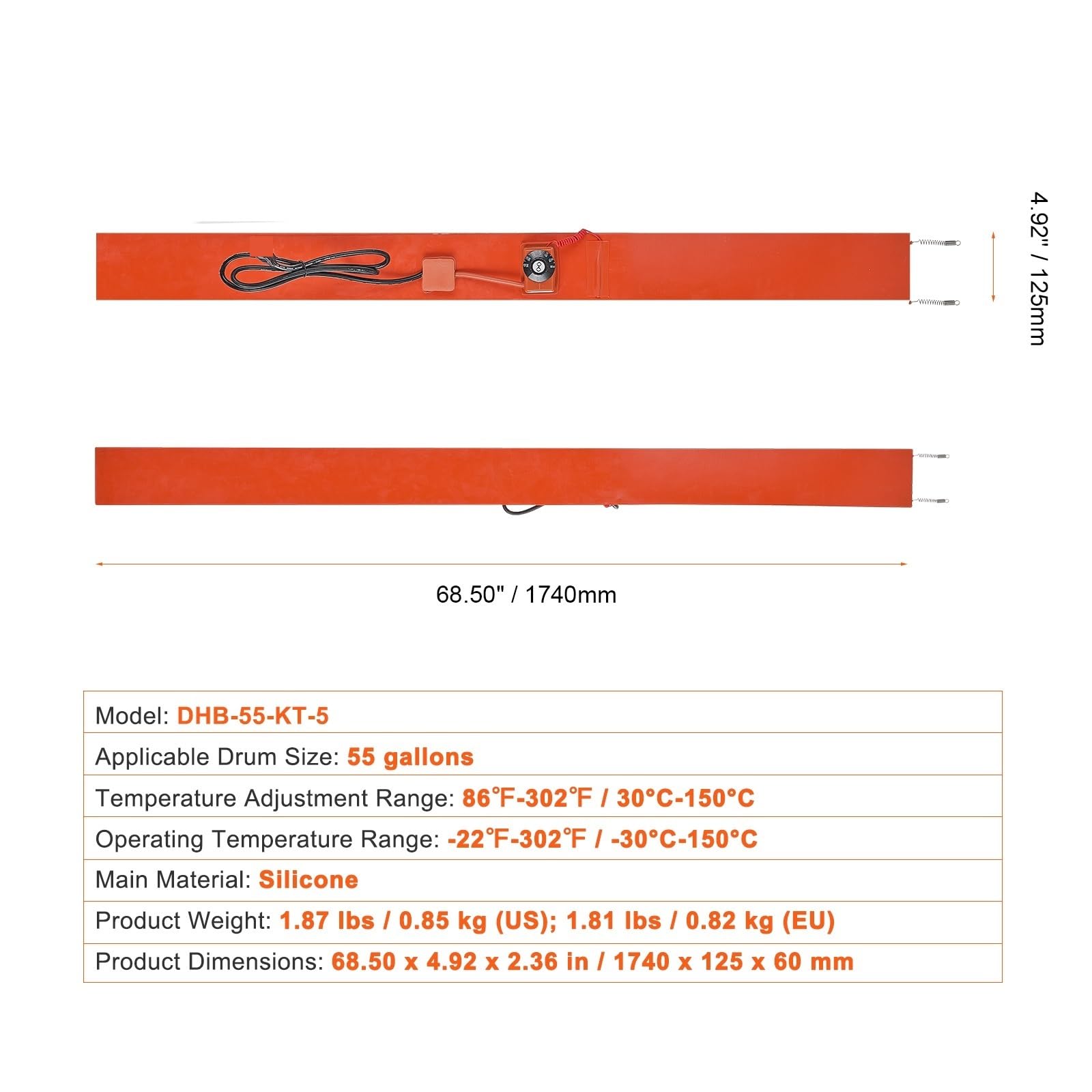 Metallfassheizung, 800 Watt, 7,75 Zoll Eimer for 5-Gallonen-Fässer, 86–302 °F, einstellbarer Thermostat, hocheffizientes Silikonfett Haltbarkeit, Effizienz(1200W 5in 55gal)
