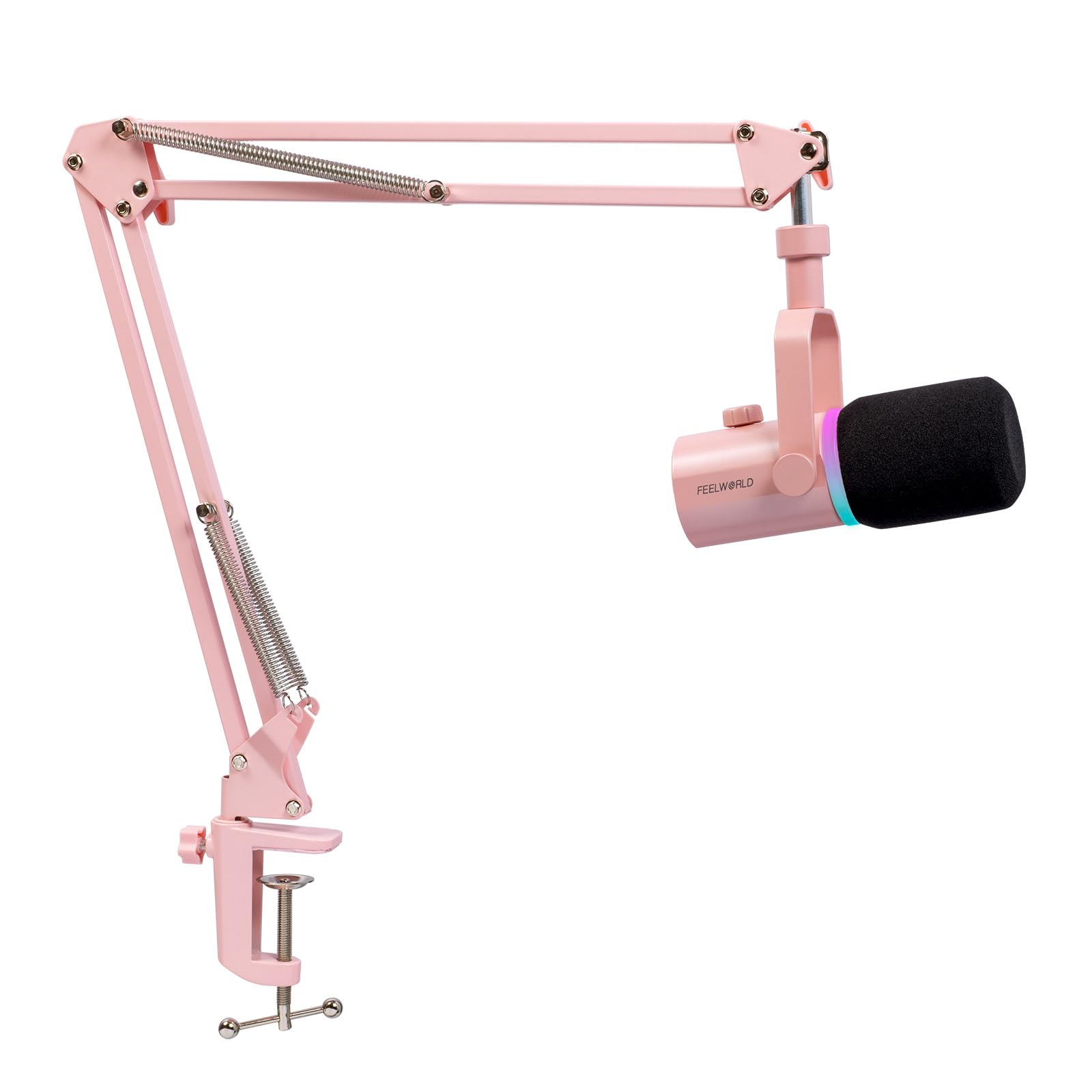 FEELWORLD PM1 XLR USB Dynamic Microphone with Boom Arm Stand for Podcast Recording PC Computer Gaming Live Streaming Vocal Voice-Over, Studio Metal Mic, RGB Light, Mute Button, Headphones Jack (Pink) - Pink