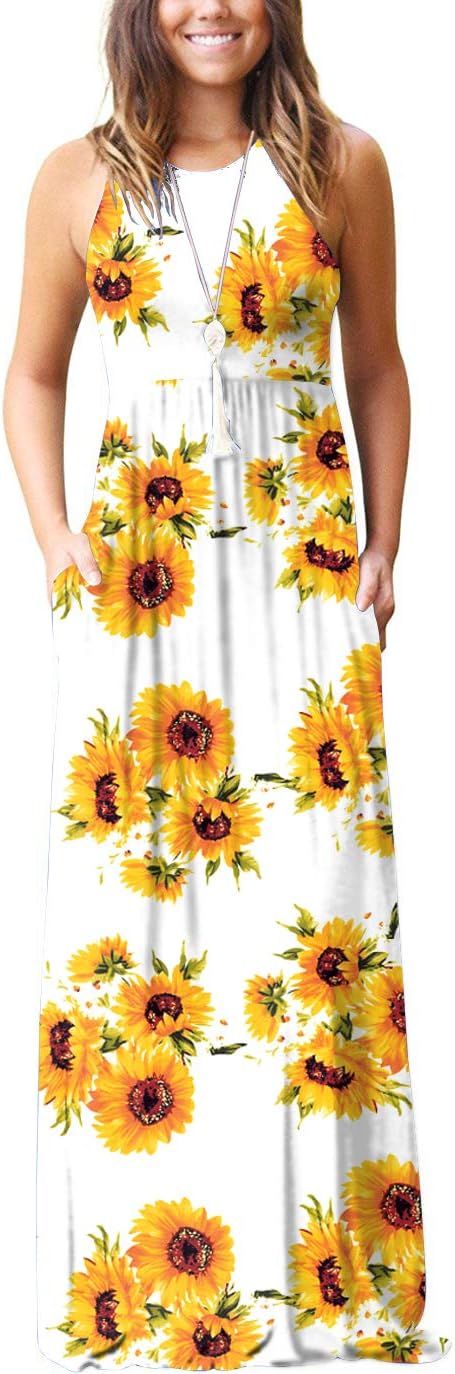 GRECERELLE Women's Floral Print Casual Sleeveless Racerback Dress Long Maxi Dresses with Pockets Sun White-X-Small