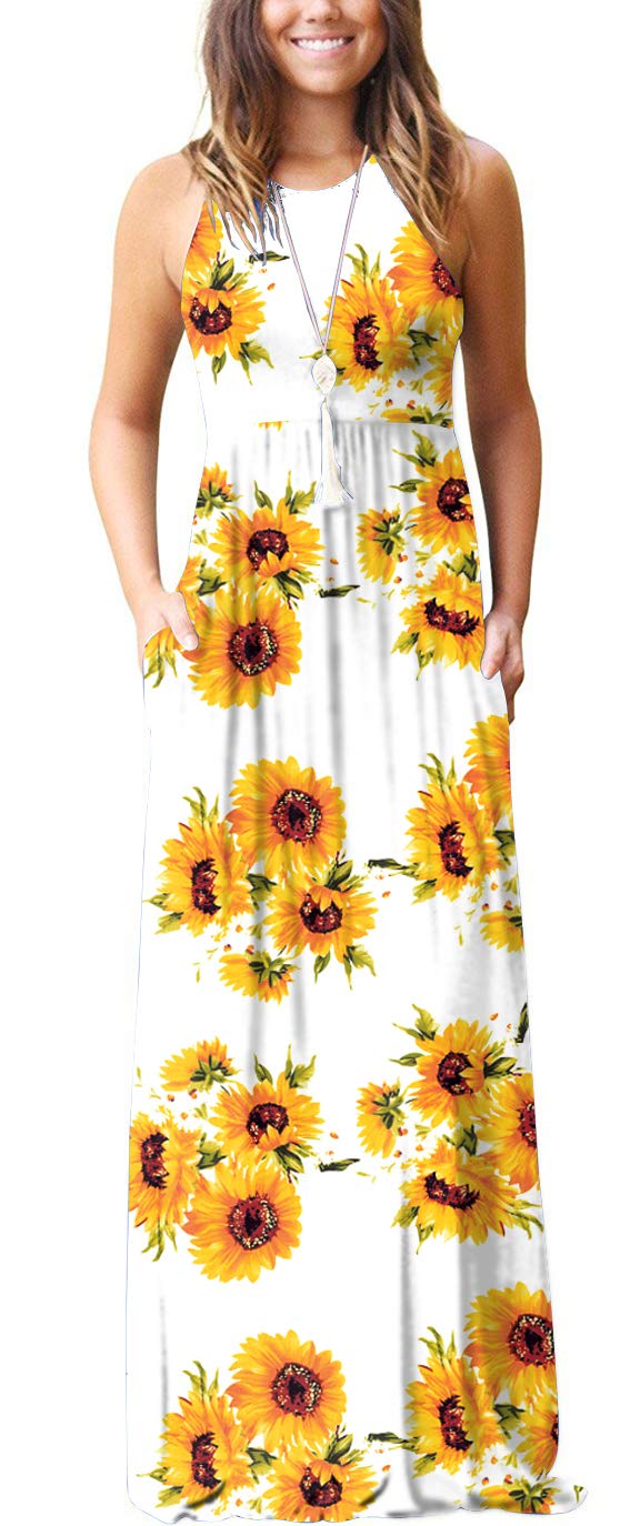 GRECERELLE Women's Floral Print Casual Sleeveless Racerback Dress Long Maxi Dresses with Pockets Sun White-X-Small