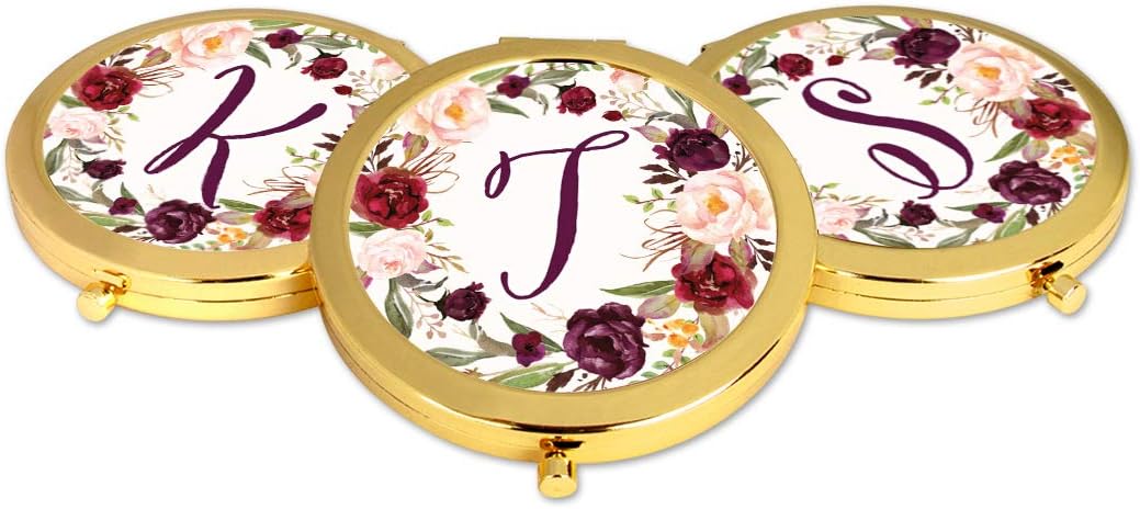 Andaz Press Gold Compact Mirror Bridesmaid's Wedding Gift, Marsala Burgundy Maroon Flowers on White, Monogram Letter T, 1-Pack, Bachelorette Bridal Shower Wedding Party Gifts
