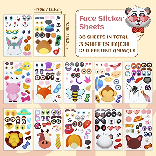 Yetoome 36 Pcs Make-A-Face Stickers Sheets Make Your Own Stickers For Kids 12 Animals Designs Mix Stickers Packs Party Favors Supplies Gift Of Festival Rewards Art Craft #TOP1