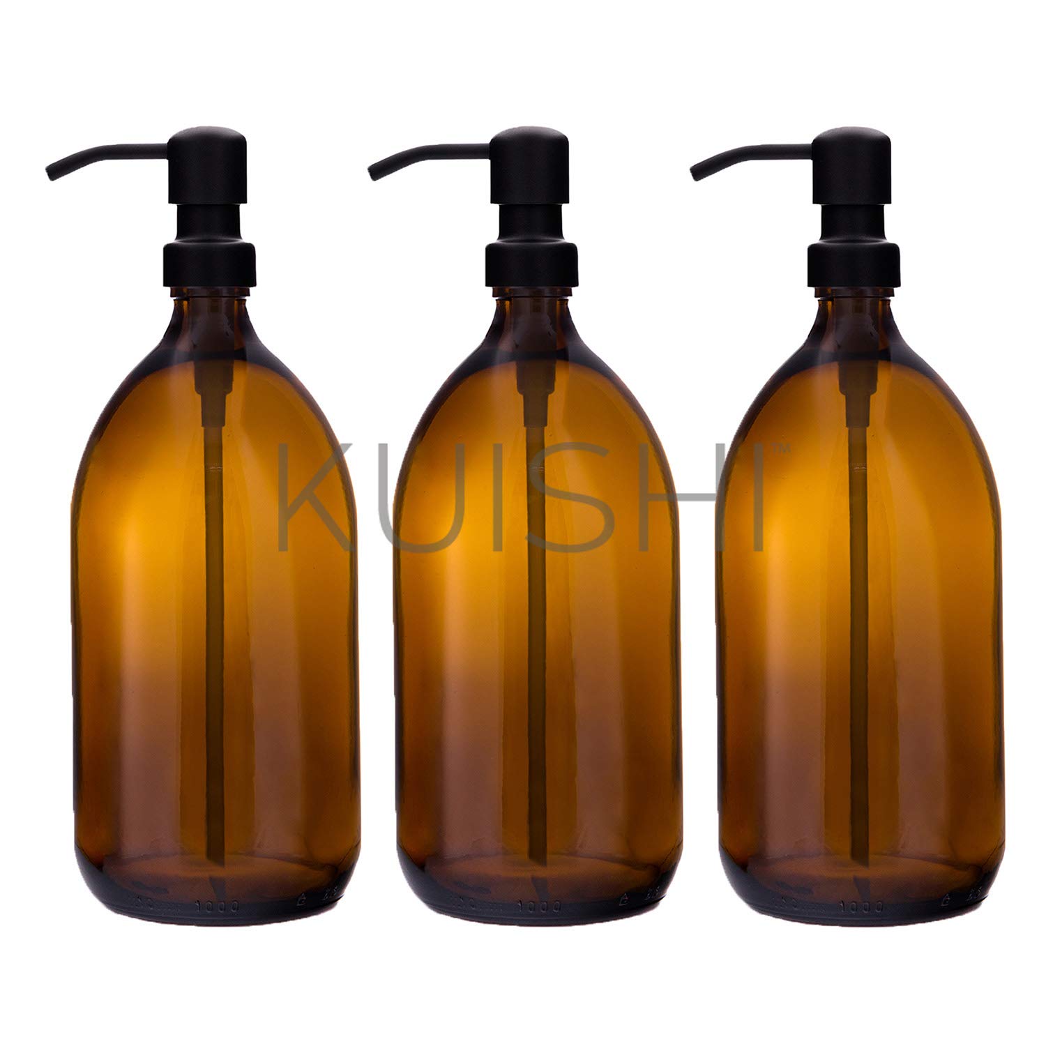 Kuishi Set of Three Amber Brown Glass Pump 1000ml Bottle with Stainless Steel Black Pump, Eco-Friendly Refillable Soap Dispenser, Stylish Bathroom Decoration