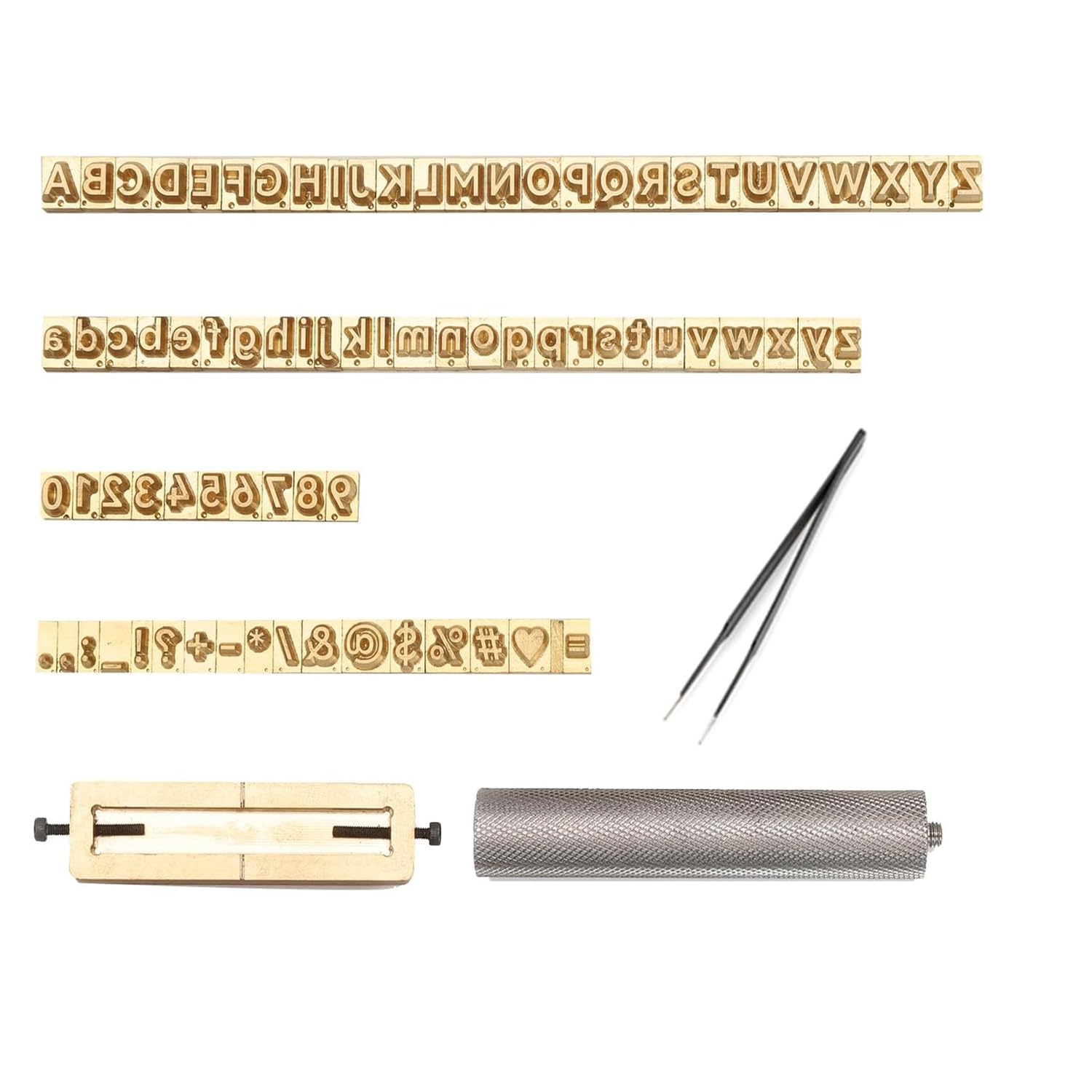 WUTA Set di 83 timbri in ottone e pelle, per cuoio, metallo e gioielli, accessori per stampatrici a pellicola A-Z/a-z/0-9/caratteri speciali (set A)