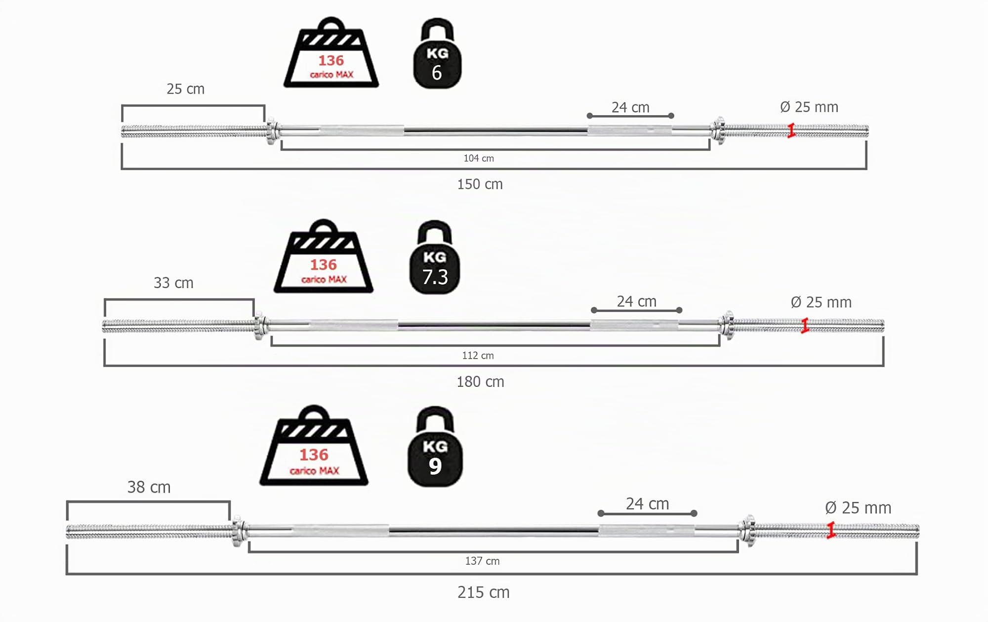 G5 HT SPORT Barre de musculation chromée de 150/180/215 cm diam. 25 mm fermeture vis