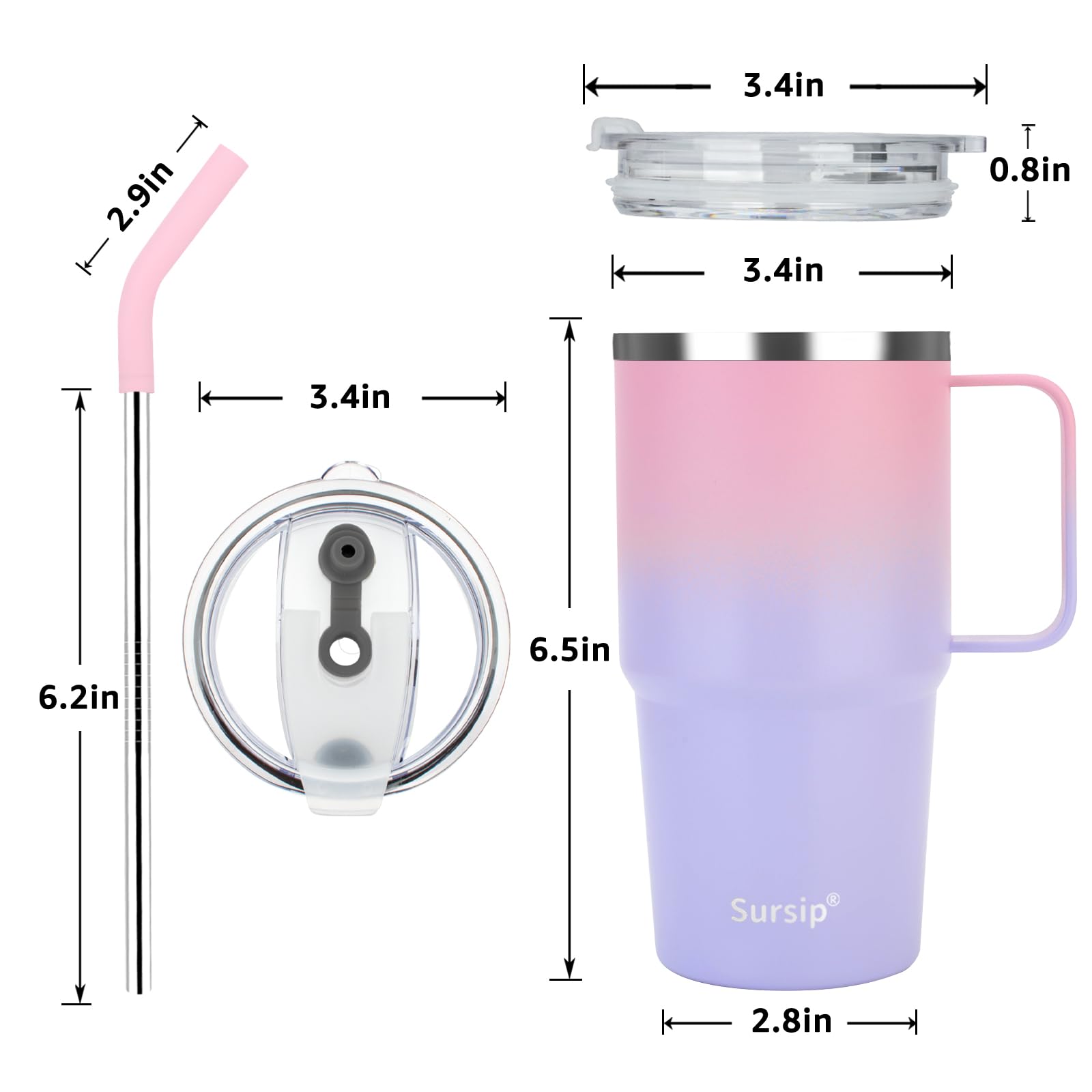 Sursip Isolierter Becher mit Griff, doppelwandiger Vakuum-Edelstahlbecher mit Strohhalm und 2 Deckeln, für kalte/heiße Getränke, Kaffee-Reisebecher für Auto/Zuhause/Büro/Party/Camping (2 Stück)