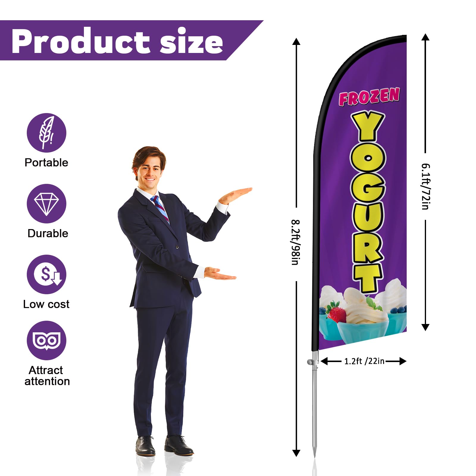 Flaga z piórami mrożonego jogurtu, 200 cm flaga reklamowa mrożonego jogurtu z masztem ze stali nierdzewnej, szpikulec do ziemi, znaki mrożonego jogurtu dla firm i witryn sklepowych