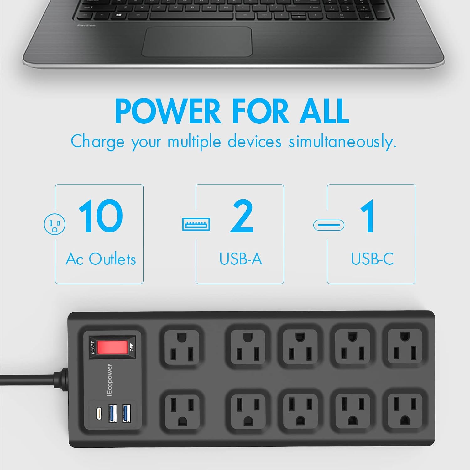 Power Strip with USB C, Surge Protector with 10 Widly Outlets and 3 USB Ports(1 USB C Port), 6 Feet Flat Plug Heavy Duty Extension Cord (1875W/15A), 2800 Joules, ETL Listed, Black