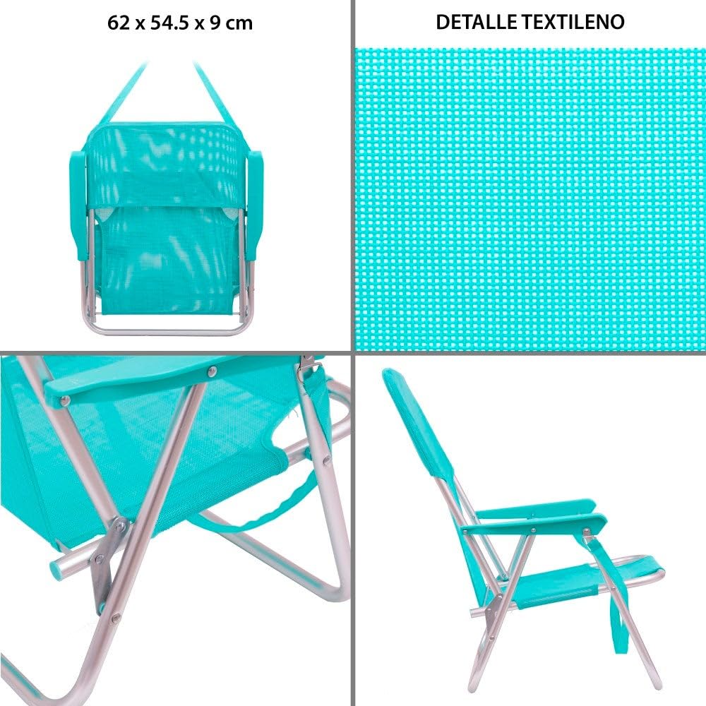 LOLAhome Pack 2 Sillas Playa Plegables | Ligera Portátil | Baja y Posición Fija | para Camping Piscina, Terraza o Jardín o Exterior Aguamarina