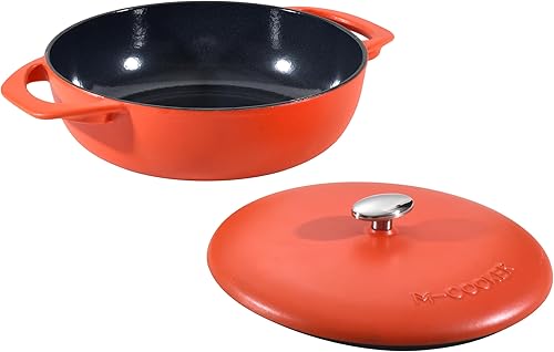 Sartén de hierro fundido esmaltado de 3.8 cuartos de galón con tapa, cacerola de hierro fundido cubierta, horno holandés poco profundo con tapa,