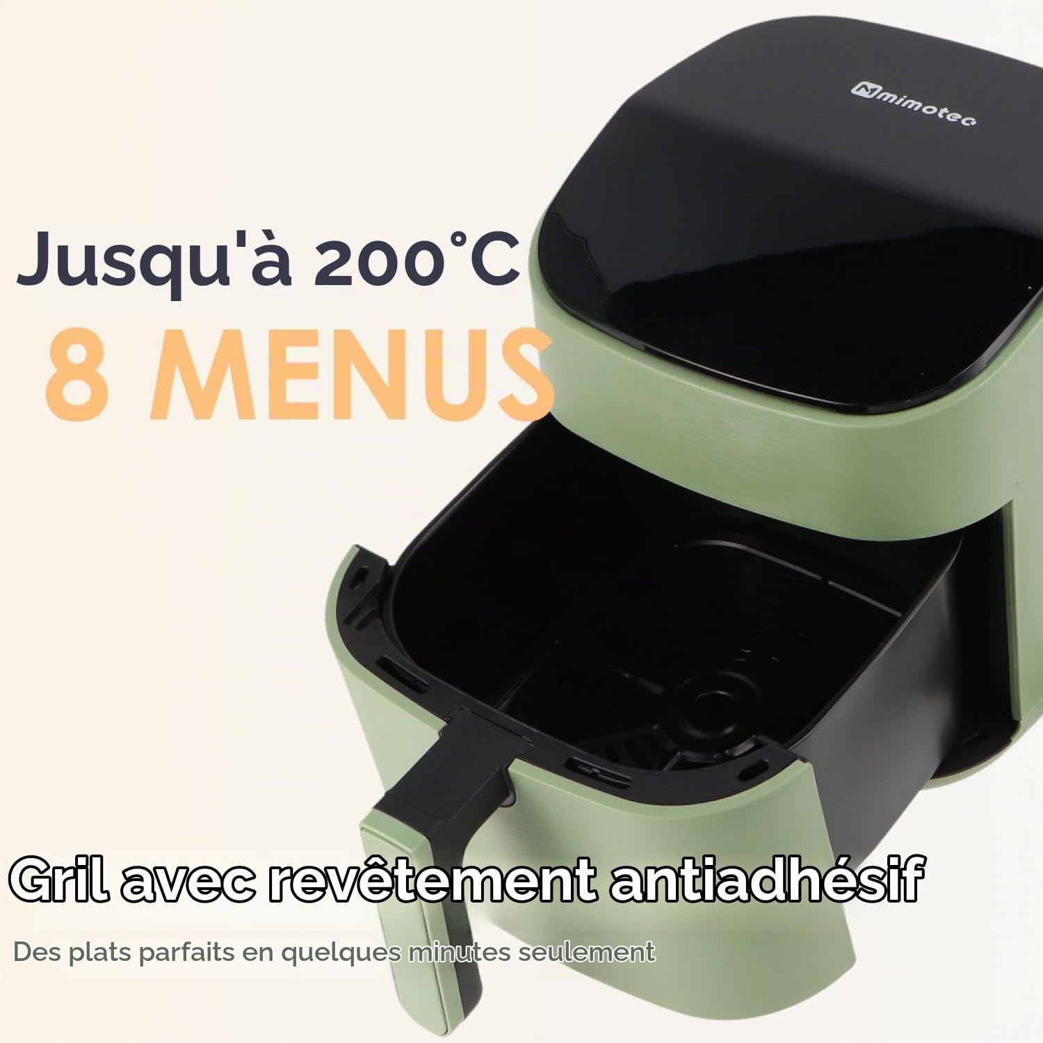 M mimotec – Air Fryer Green Sara Touch 6,5L, Friteuse à Air sans Huile, 1600W, 8 Menus Digitaux, Écran Tactile, Fonction Grill, Minuterie Réglable, Température 80-200°C, Cuisine Facile et Saine