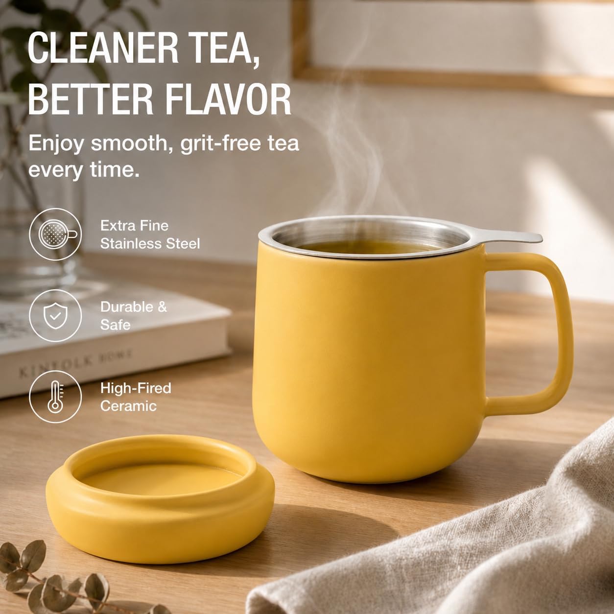 Tealyra - Sumo Porcelain Loose Tea Steeping Mug - 15oz/450 ml Ceramic Tea Cup with Infuser and Lid/Coaster - Extra Fine Stainless Steel Infusion Strainer - For Home or Office - Yellow