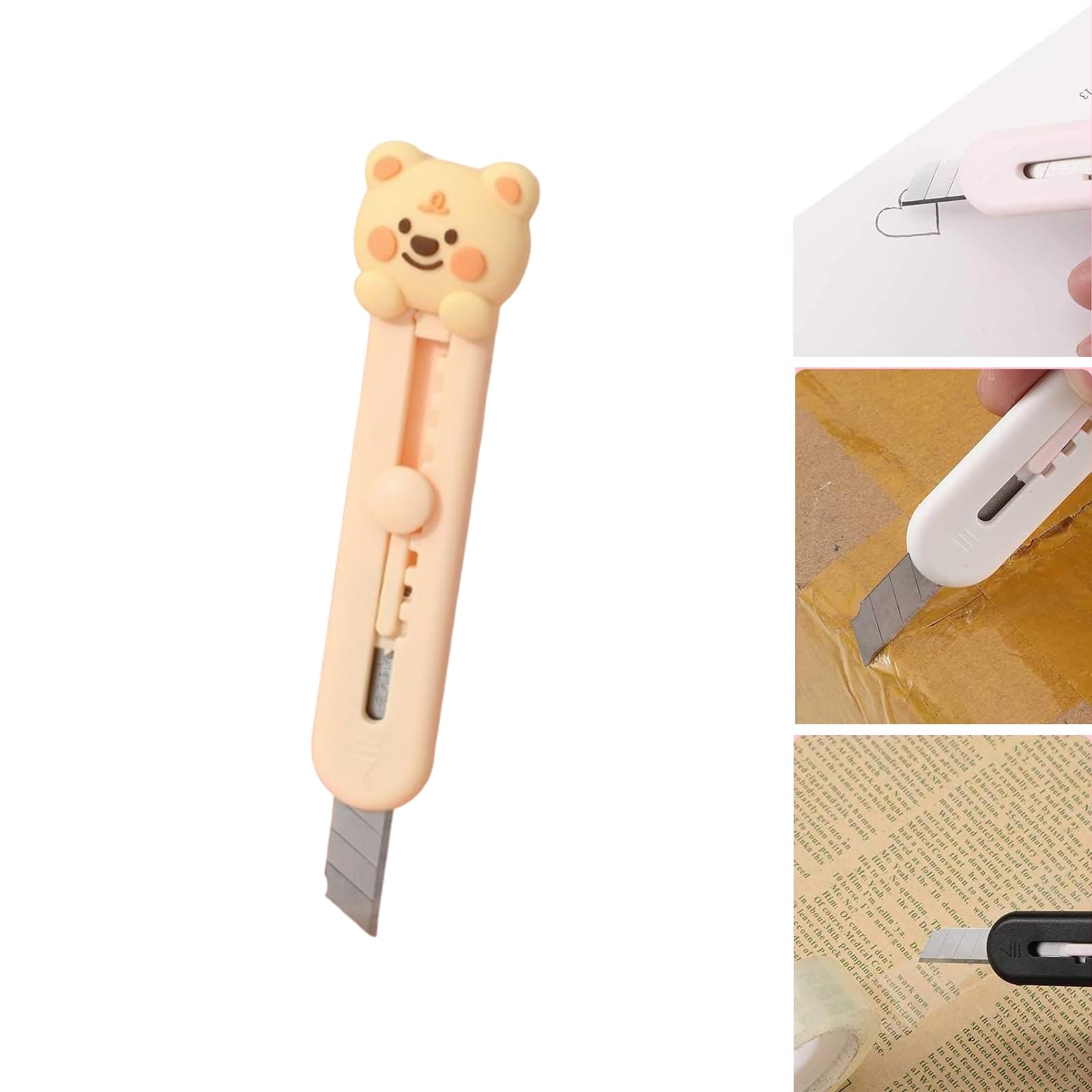 1Pc Cute Kawaii Cha Cha Bear Peach Mini Pocket Friendly Travel Portable Retractable Art Craft Paper Box Parcel Cutter Opener Unpacking Tool Metal Blade Small Utility Keychain Clip Knife