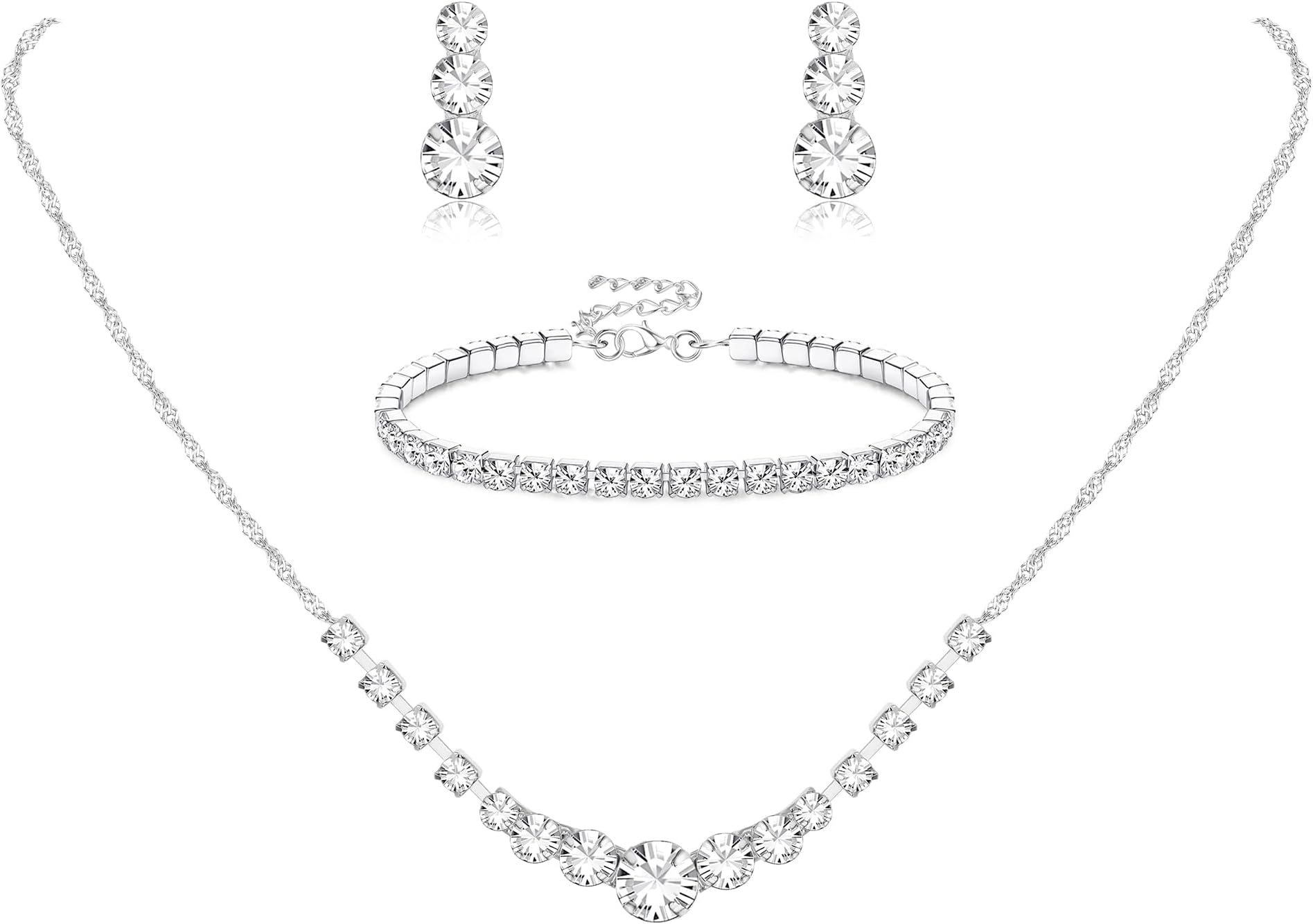 Jstyle Silver Jewelry Set for Women Rhinestone Crystal Necklace Drop Earrings Link Bangle Bracelet Bridal Wedding Jewelry Sets for Brides Bridemaid Prom Costume Accessories