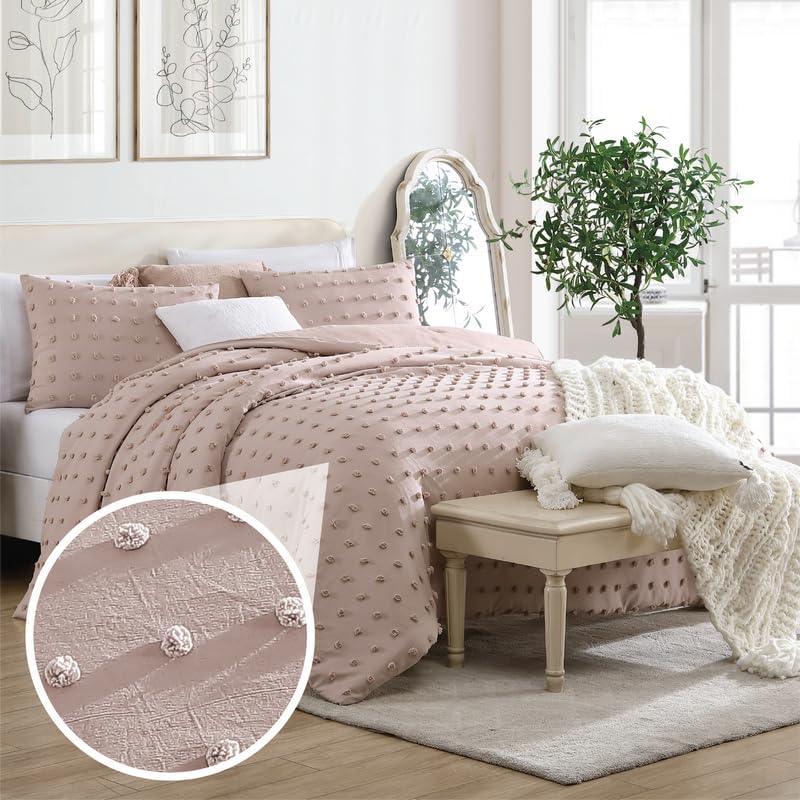 Image of Swift Home Full /Queen Blush Comforter Set - Decorative Tufted Pom Poms Bedding Set - 3 Pieces Bed Linen, 1 Comforter and 2 Pillow Shams