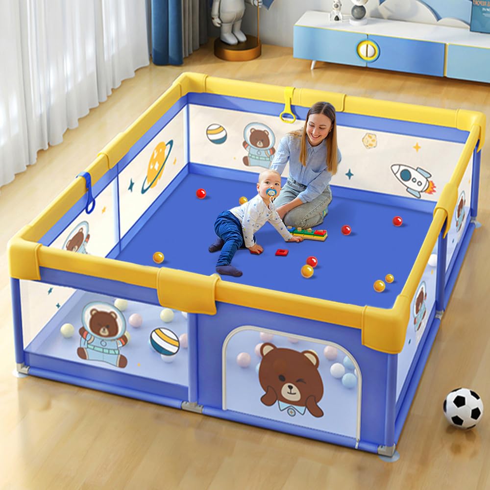 StarAndDaisy playpen for Babies, Portable Baby Activity Play Pen with Safety Lock, Play Gate Fence for Kids, Toddlers -Indoor Activity (120 * 120cm-Blue)
