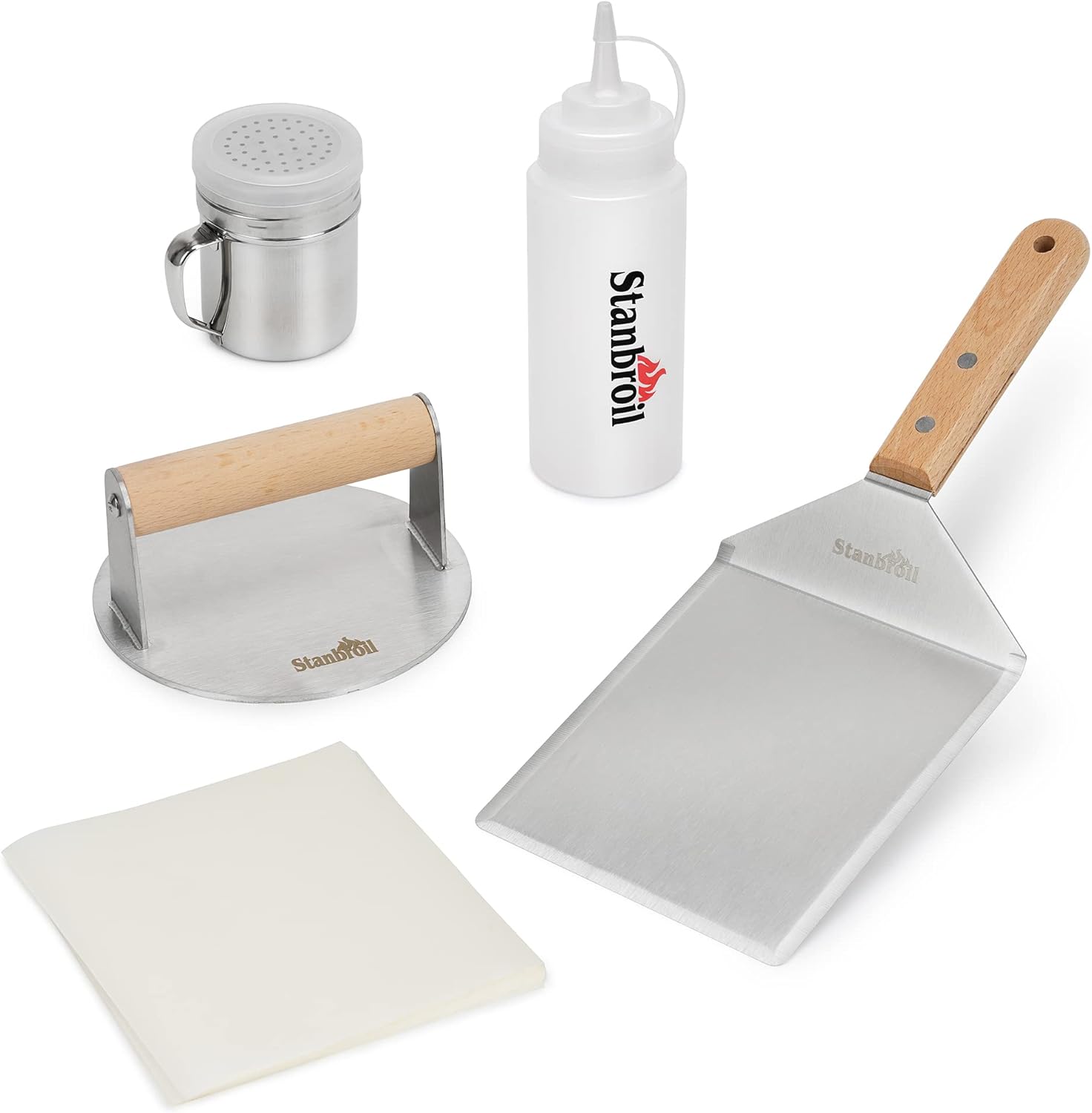 Stanbroil 5-Piece Professional Hamburger Tool Kit with Stainless Steel Round Burger Press, Grill Spatula, Spice Shaker, Squeeze Bottles and Hamburger Patty Paper for BBQ Grilling Stanbroil 5-Piece Professional Hamburger Tool Kit with Stainless Steel Round Burger Press, Grill Spatula, Spice Shaker, Squeeze Bottles and Hamburger Patty Paper for BBQ Grilling