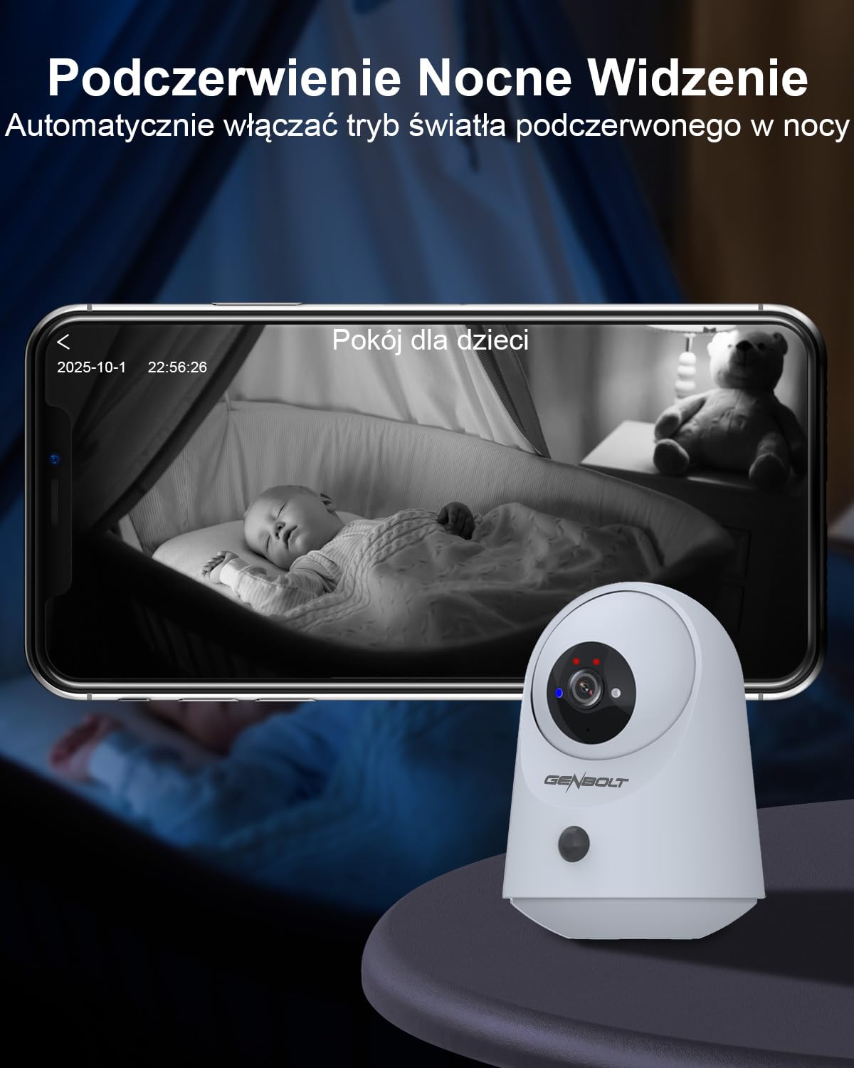 GENBOLT 2K Kameras Bezpieczeństwa WiFi Wewnętrzna, Pan Tilt Kamera dla zwierząt i bateria 5000 mAh, IP Kamera CCTV Niania Kamera dla psa Elektroniczna niania z detekcją PIR