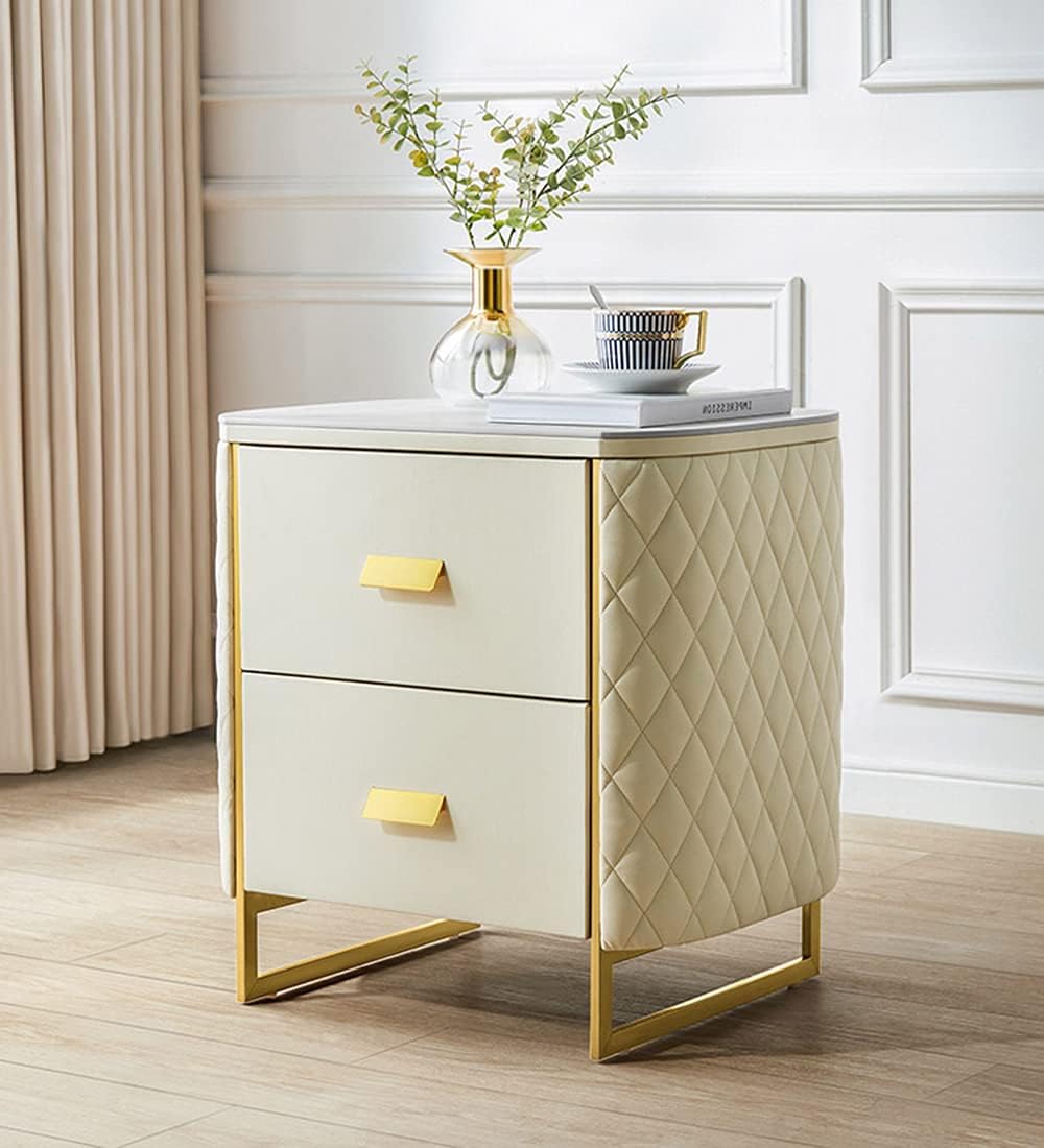 BedsideTableModernsimplicityMinismallleatherlockerforbedroomLargecapacitydrawerArcdesignmetalframe50x38x55cm(Color:Beige) Needed