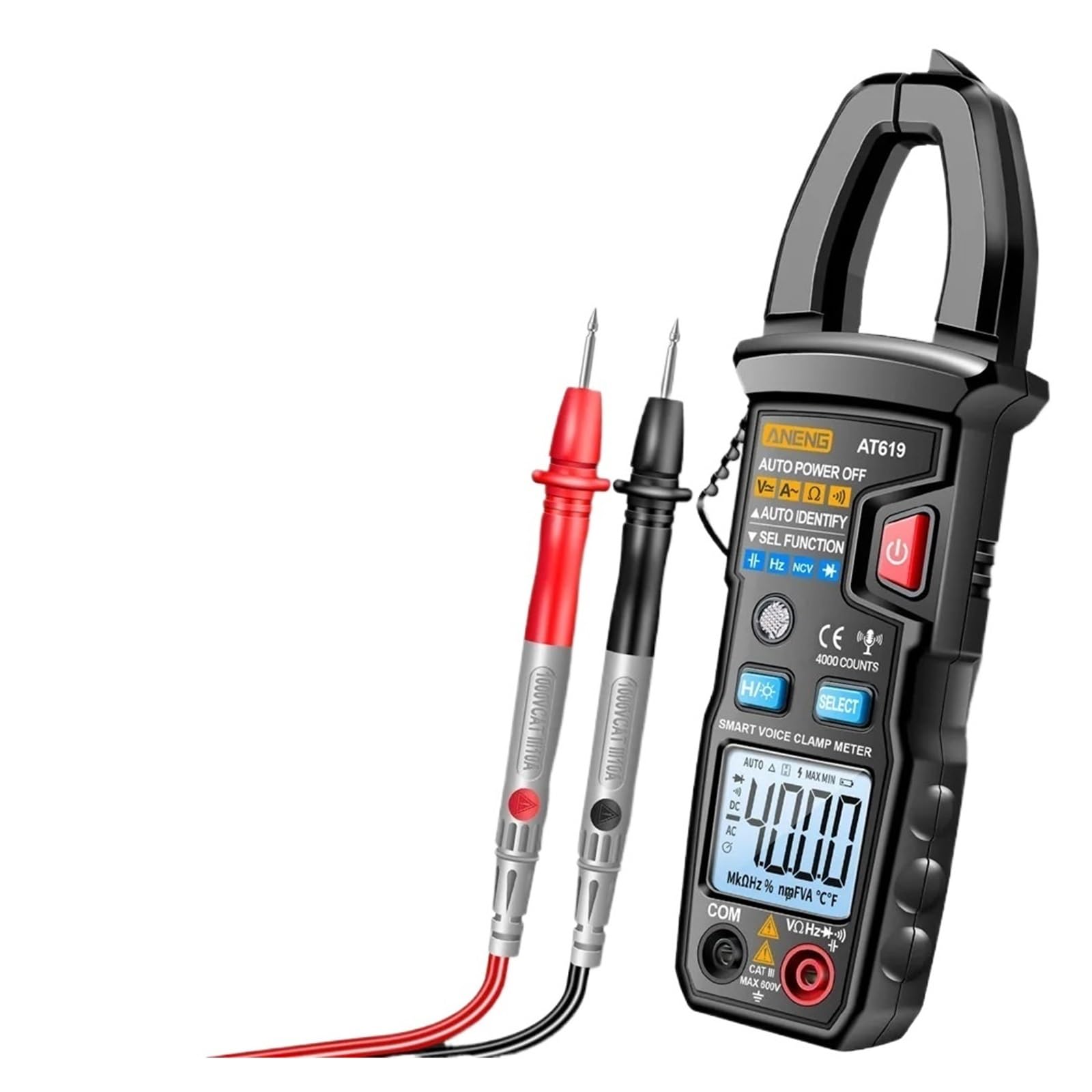 AT619 Smart Clamp Meter Voice Broadcast Multimeter 600A AC Current Voltage Tester Ammeter Capacitance NCV Ohm Test Tool(Red(no battery))