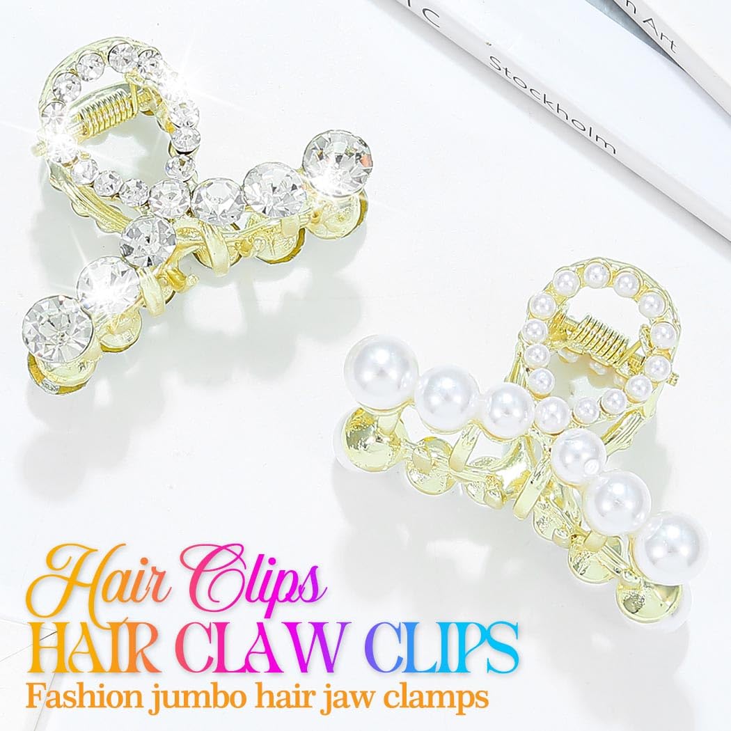 Reaky Pearl Claw Clips Gold Metal Hair Claws Mini Hair Clip Rhinestone Hair Accessories for Women, 1 count (Pack of 2) - Image 2