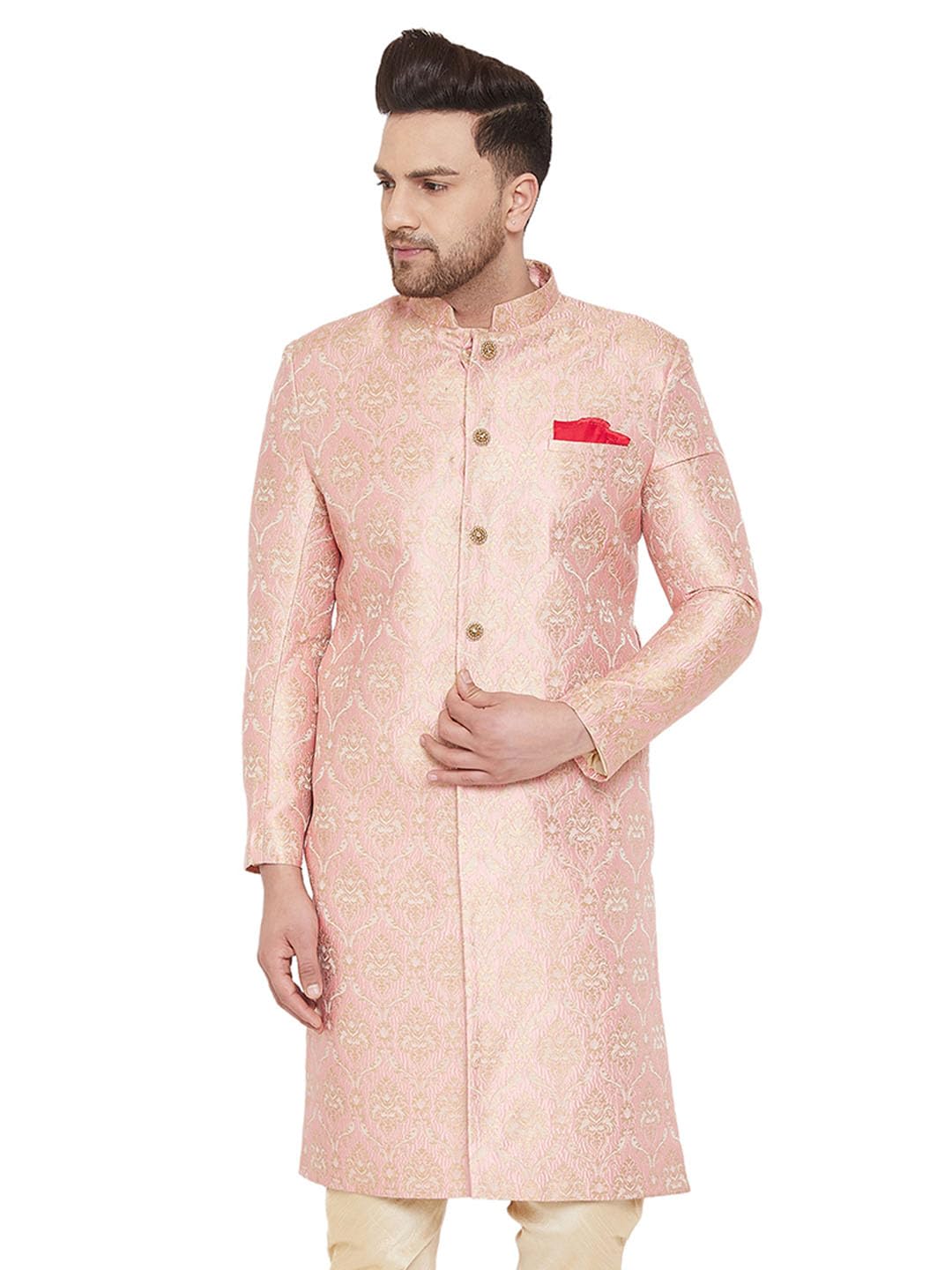 vastramay Men Men's Pink Silk Blend Sherwani Only Top-picture-37