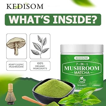 Mushroom Matcha, Adaptogenic Mushroom Blend with 7 Superfood Mushrooms and Ceremonial-Grade Matcha for Energy, Focus, Digestion, Immunity with Turkey Tail, Shiitake, Lion's Mane, 45 servings