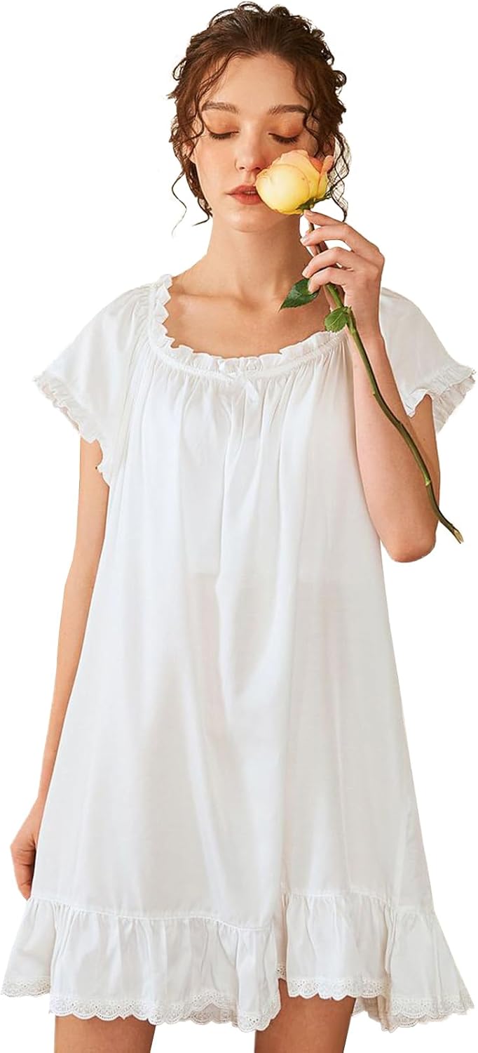 Nanxson Womens' Cotton Nightgown Short Sleeve Sleepwear Vintage Victorian Nightshirt Lounge Dress - Image 3
