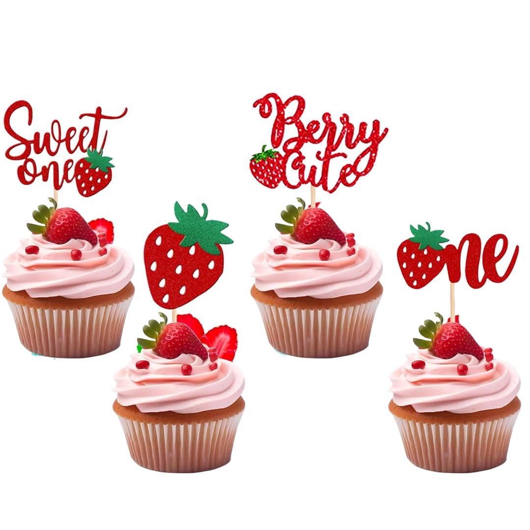 24Pcs Strawberry Cupcake Toppers - Sweet 1st Birthday & Baby Shower Cake Decorations