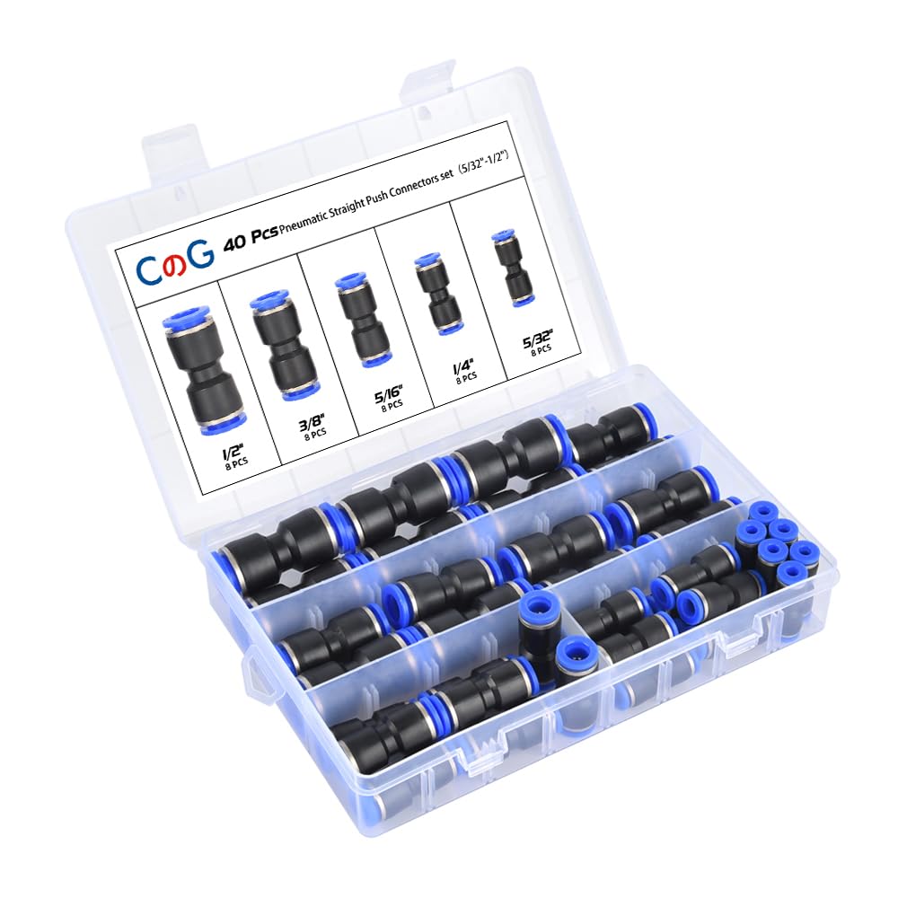 40Pcs Quick Connect Air Hose Fittings 5/32 1/4 5/16 3/8 1/2 inch Quick Release Pneumatic Push to Connect Fittings Kit Air Line Fittings for 5/32 1/4 5/16 3/8 1/2 inch Tube…