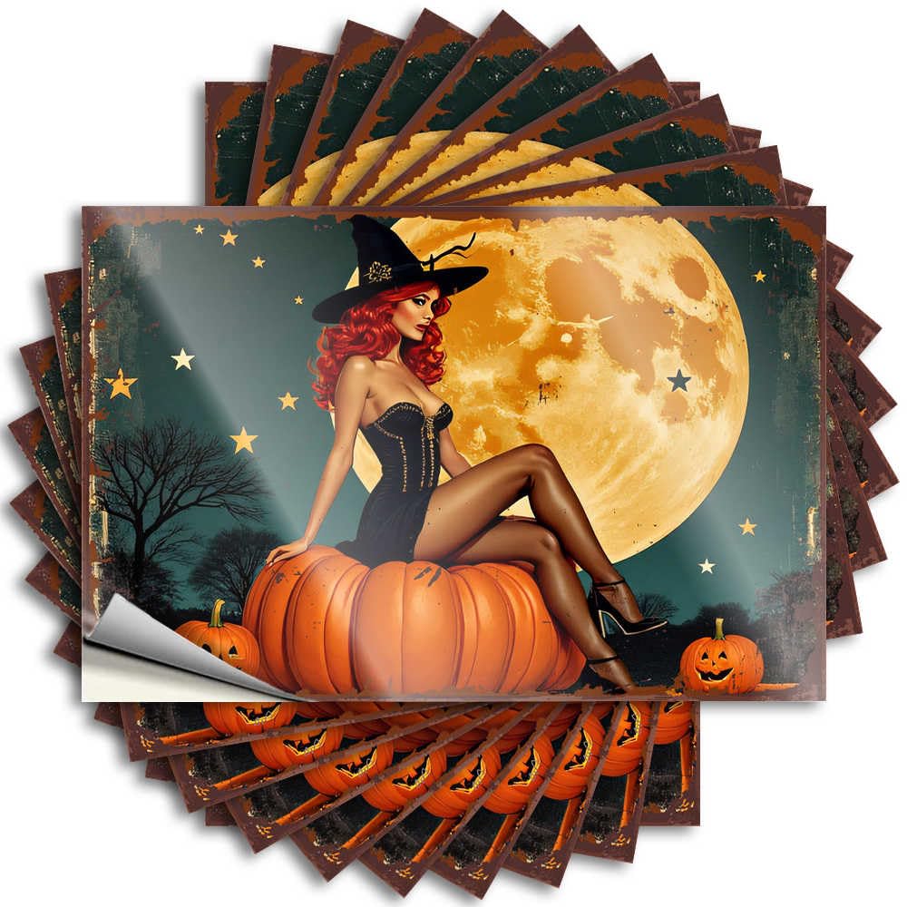 Witch in Black: Halloween Moonlit Pumpkin Pose Tattoos Balcony Decor | Motivational Garage Removable Decal Pack(8X12CM)