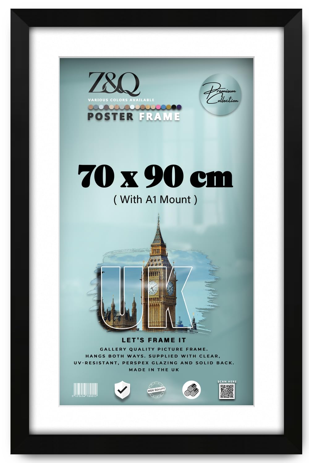 Z&Q - Rectangle Classic Black MDF Wood Finish (90 x 70 cm) Frame for Posters with A1-(59.40 x 84.10 cm) White Mount Eton Wood 36 x 28 Inch For Art Gallery, Home Décor [ Matt Black ]